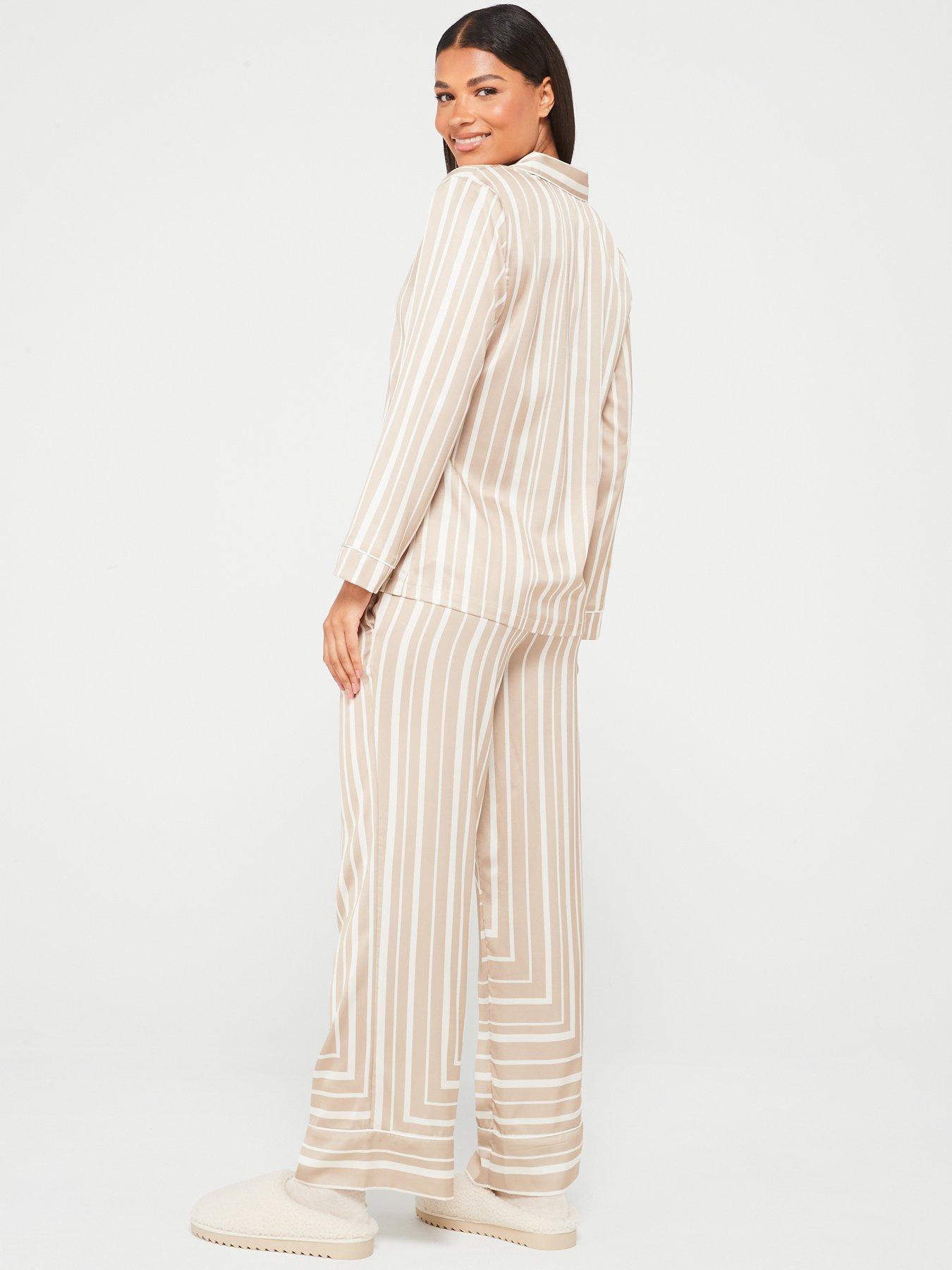 v-by-very-placement-stripe-long-sleeve-revere-pj-set-beigestillFront