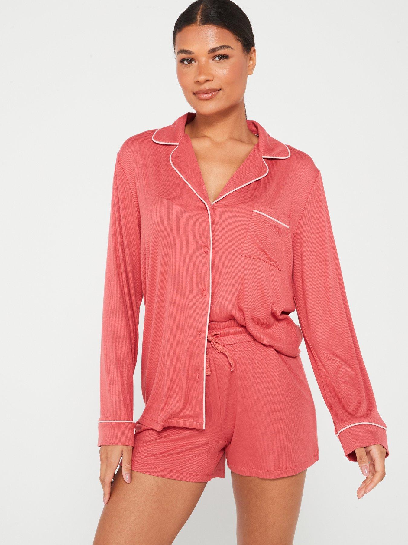 v-by-very-rib-long-sleeve-short-revere-pj-set-red