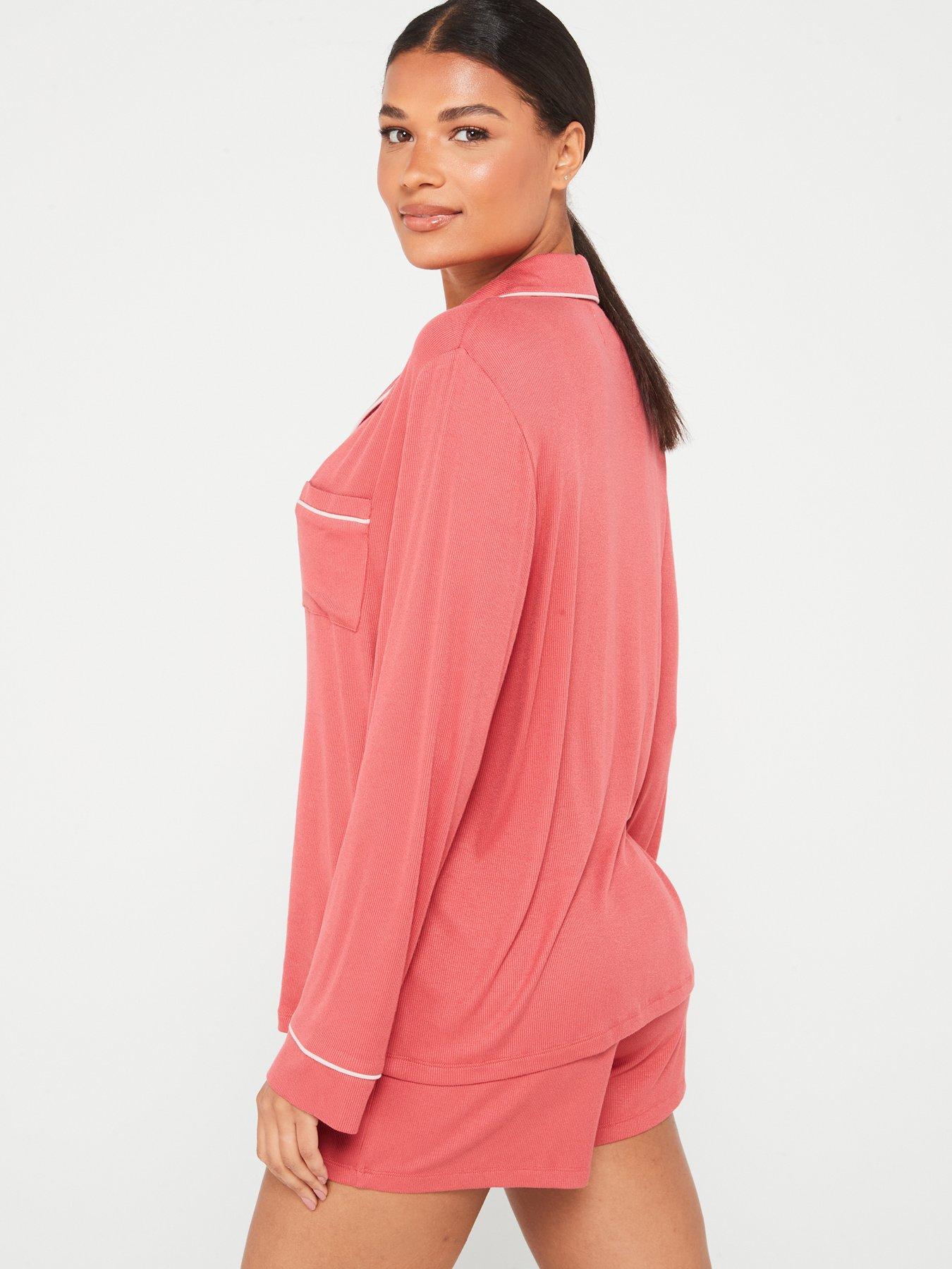 v-by-very-rib-long-sleeve-short-revere-pj-set-redstillFront