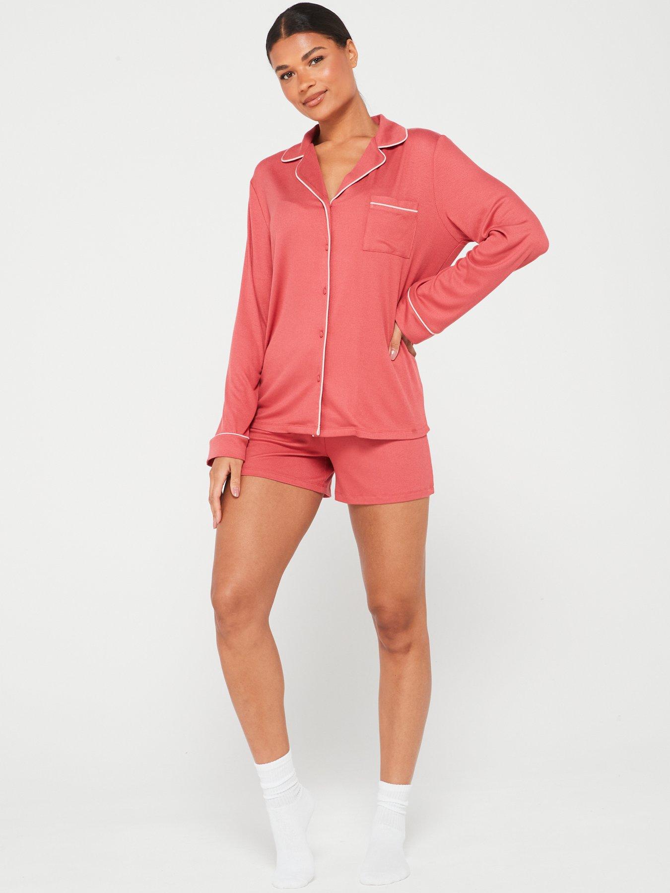 v-by-very-rib-long-sleeve-short-revere-pj-set-redback