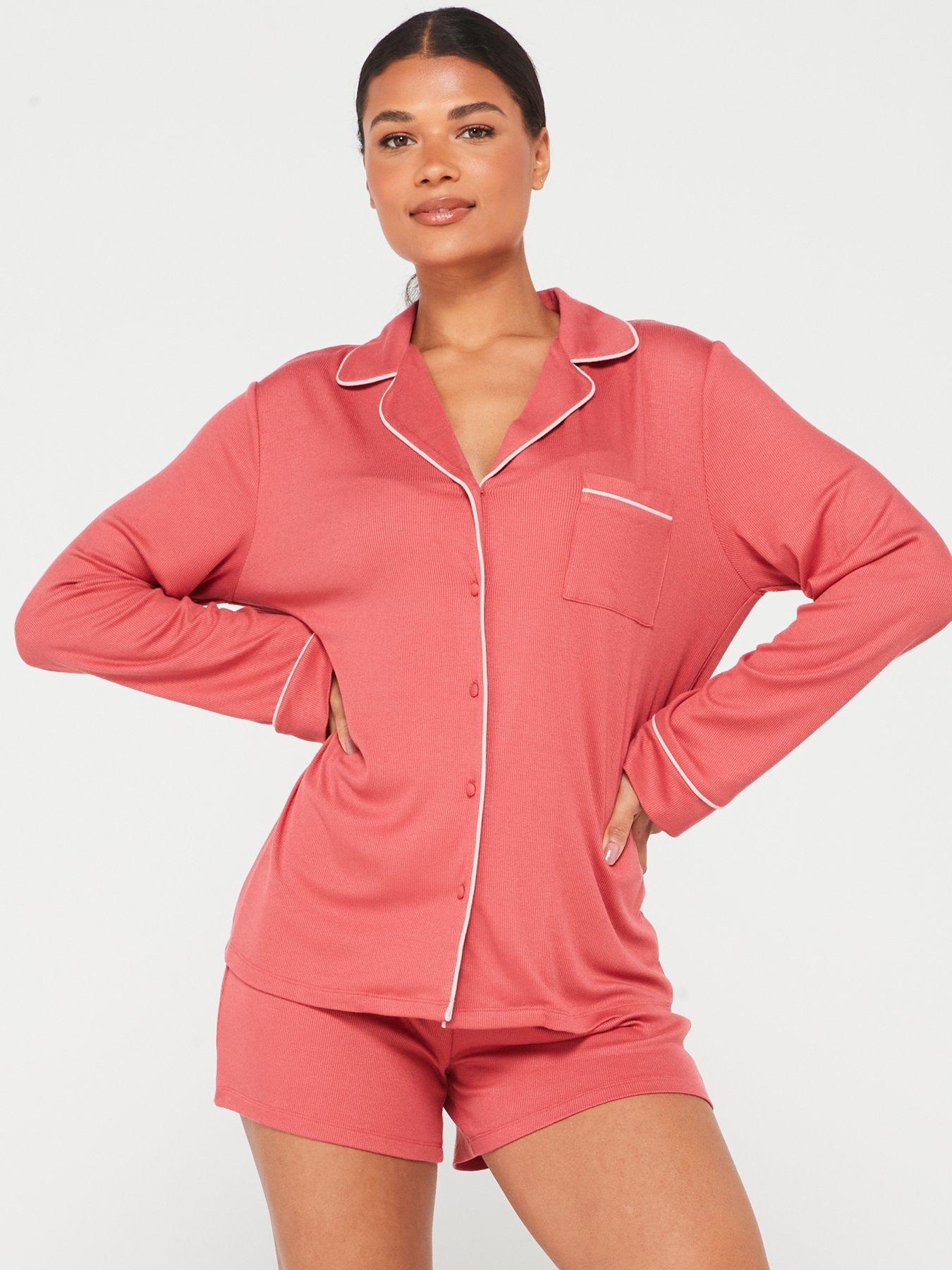 v-by-very-rib-long-sleeve-short-revere-pj-set-reddetail