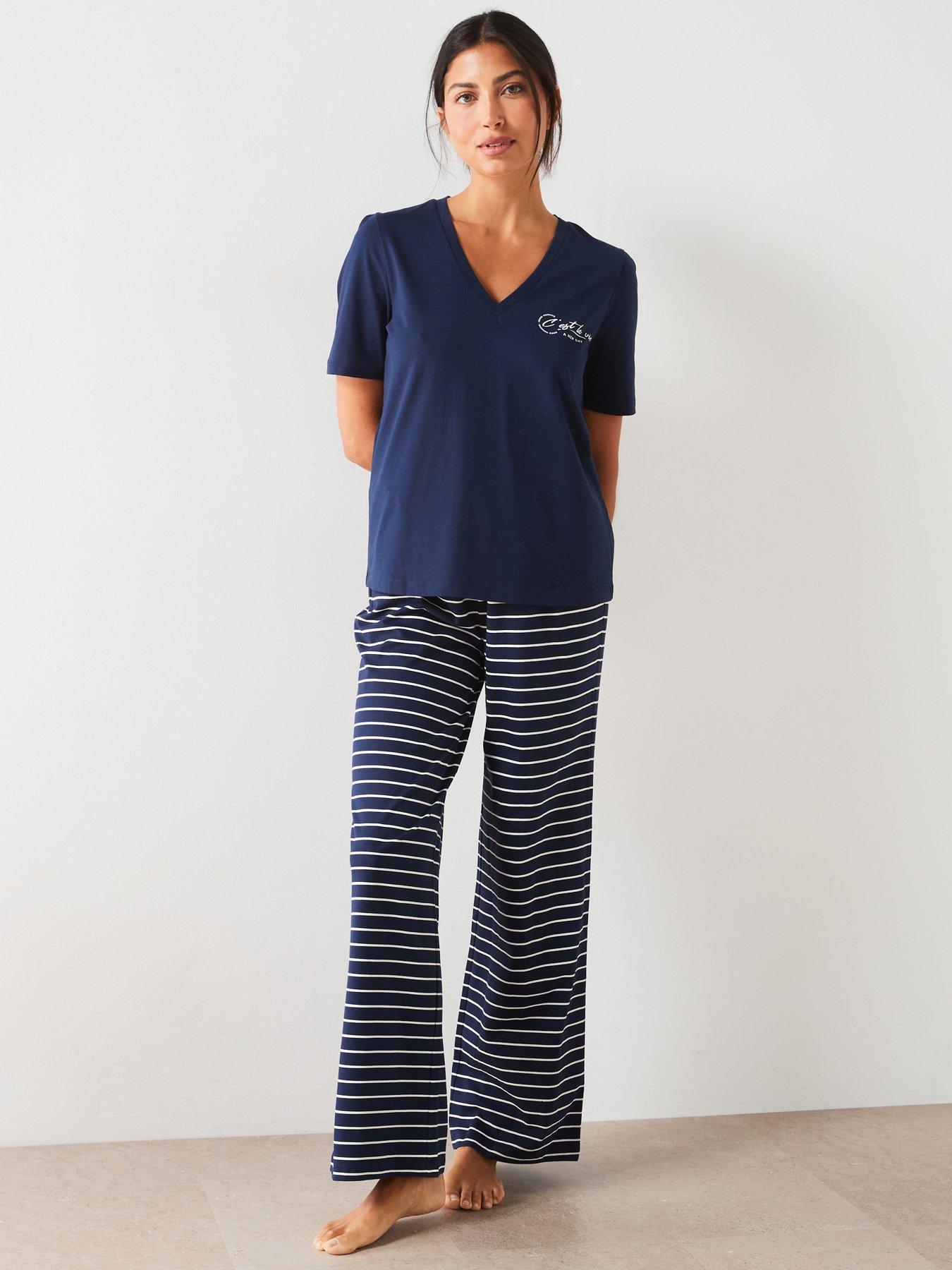 everyday-stripe-slogan-crew-neck-short-sleeve-top-with-wide-leg-pj-set