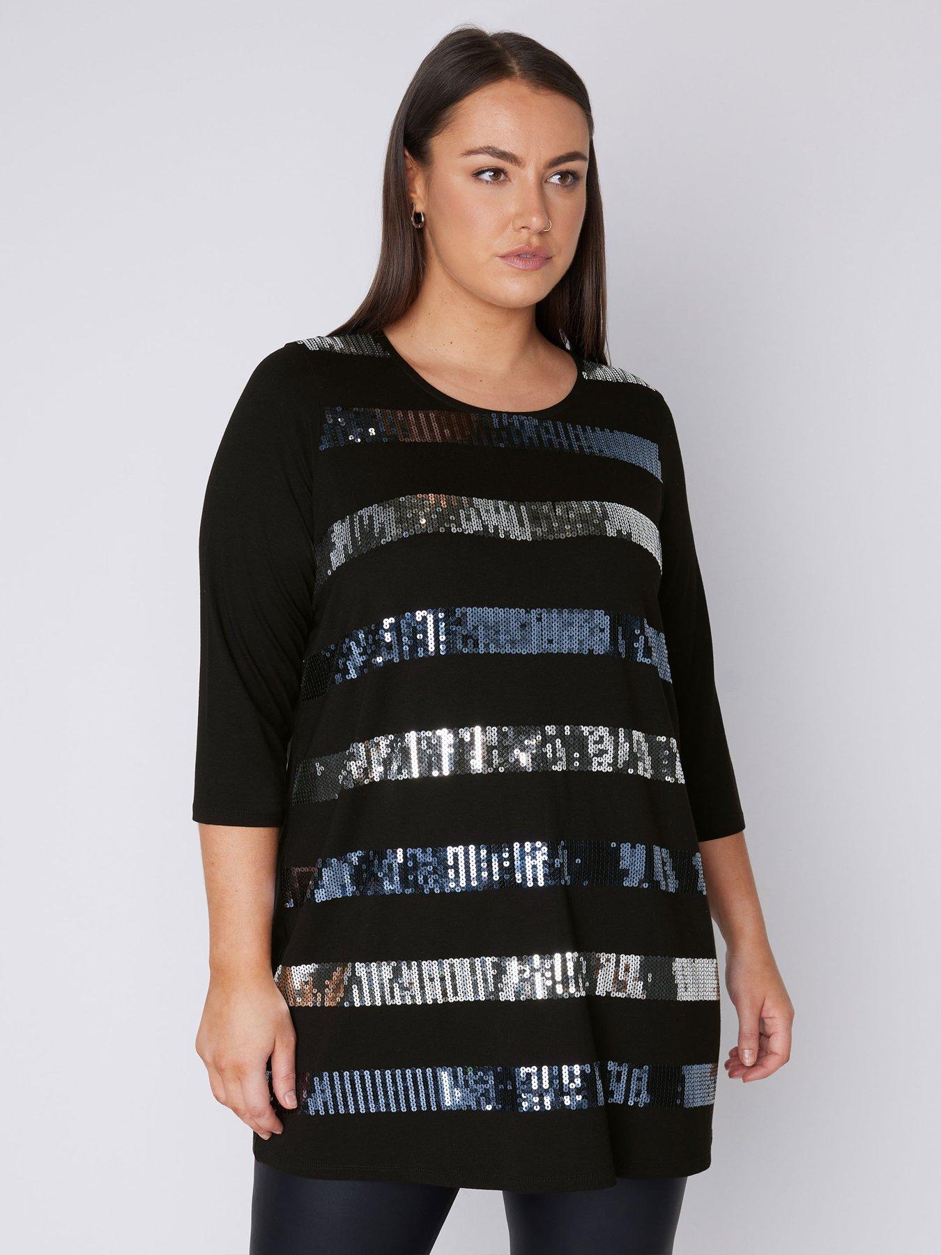 evans-curve-three-quarter-sleeve-sequin-stripe-top--nbspblacknbsp