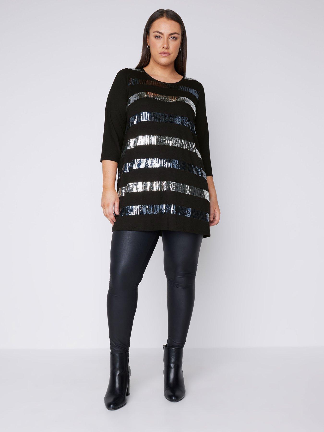 evans-curve-three-quarter-sleeve-sequin-stripe-top--nbspblacknbspback