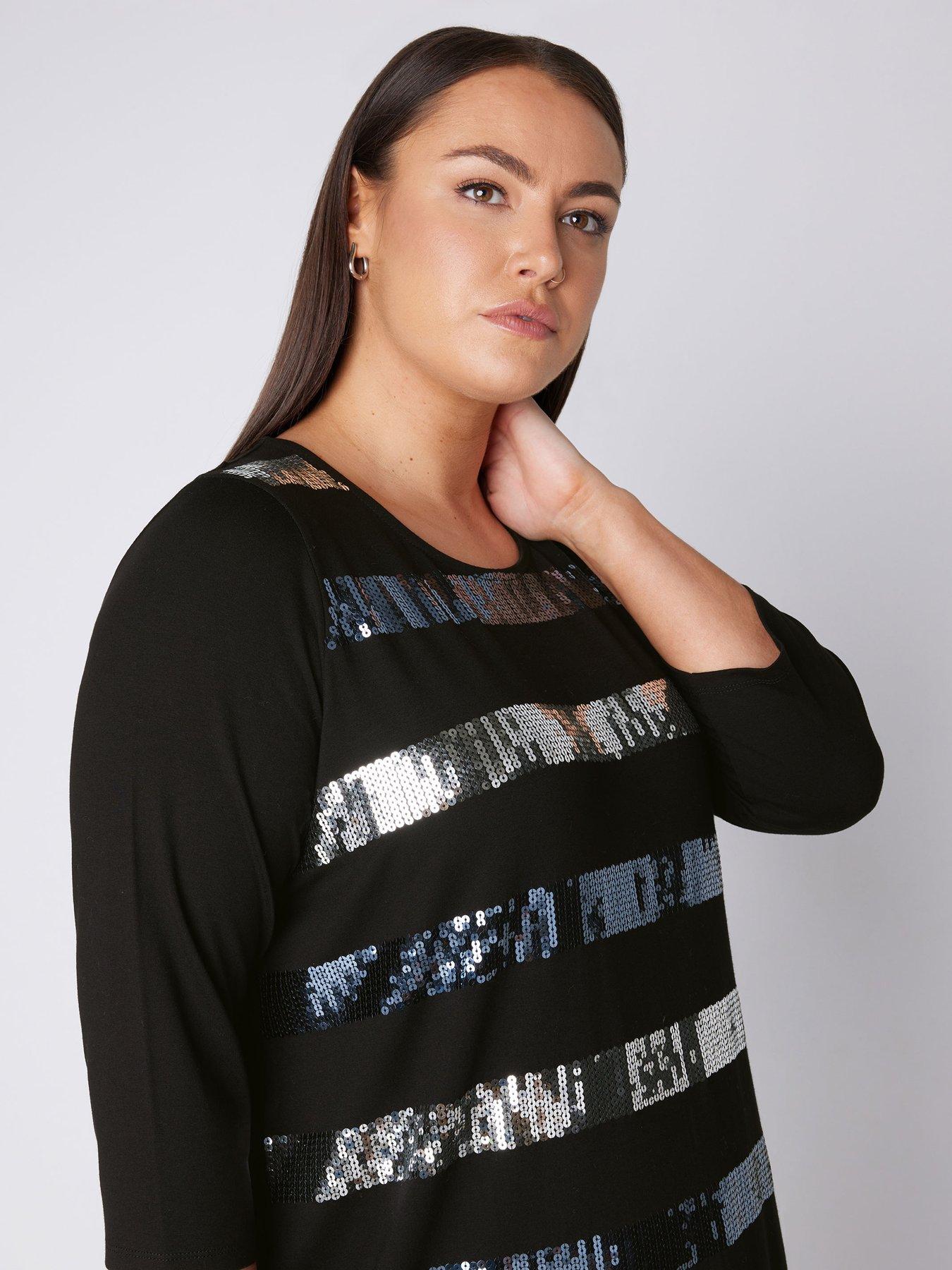 evans-curve-three-quarter-sleeve-sequin-stripe-top--nbspblacknbspoutfit