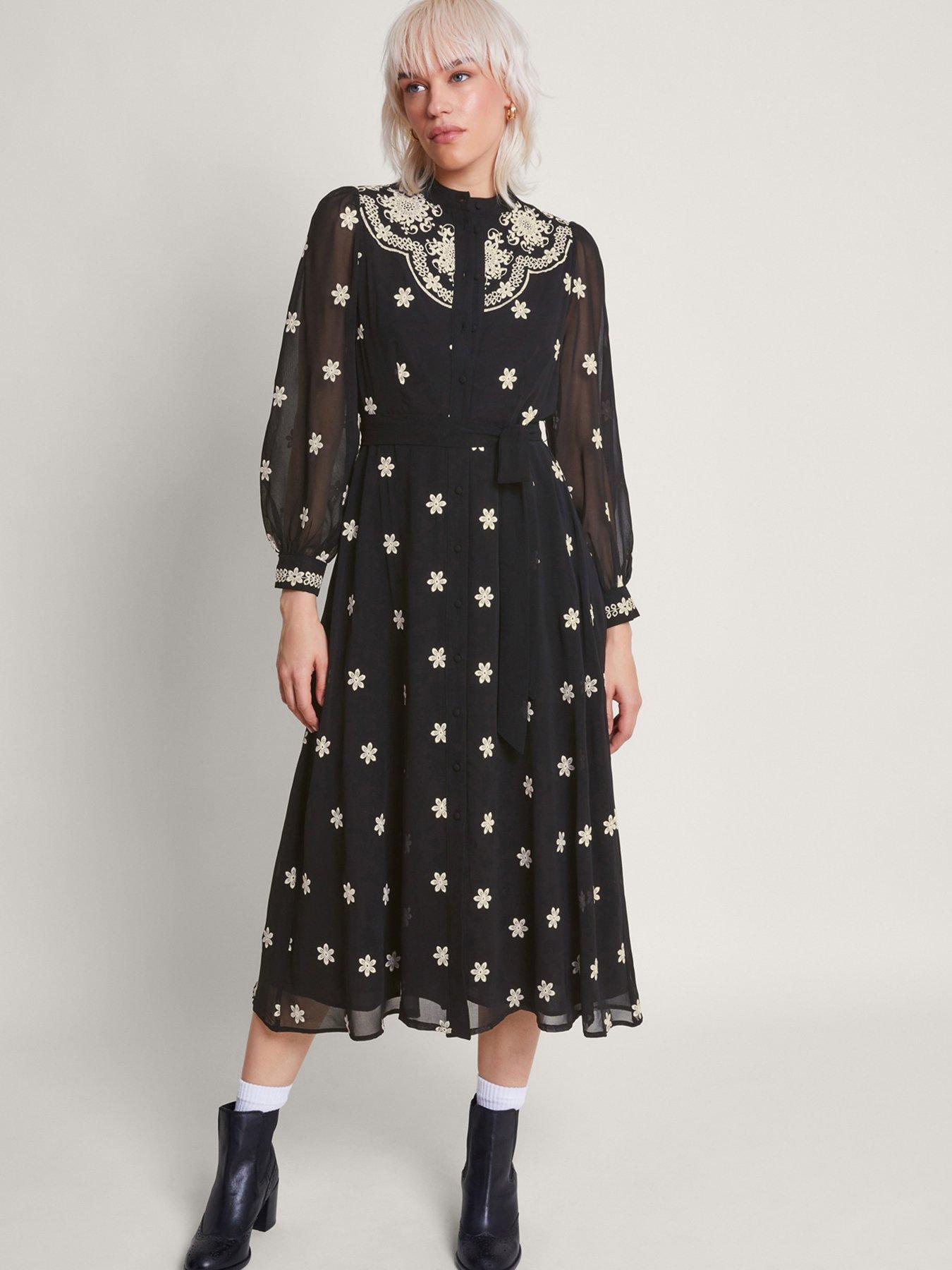 Image 1 of 6 of Monsoon Flori Emb Shirt Dres - Black