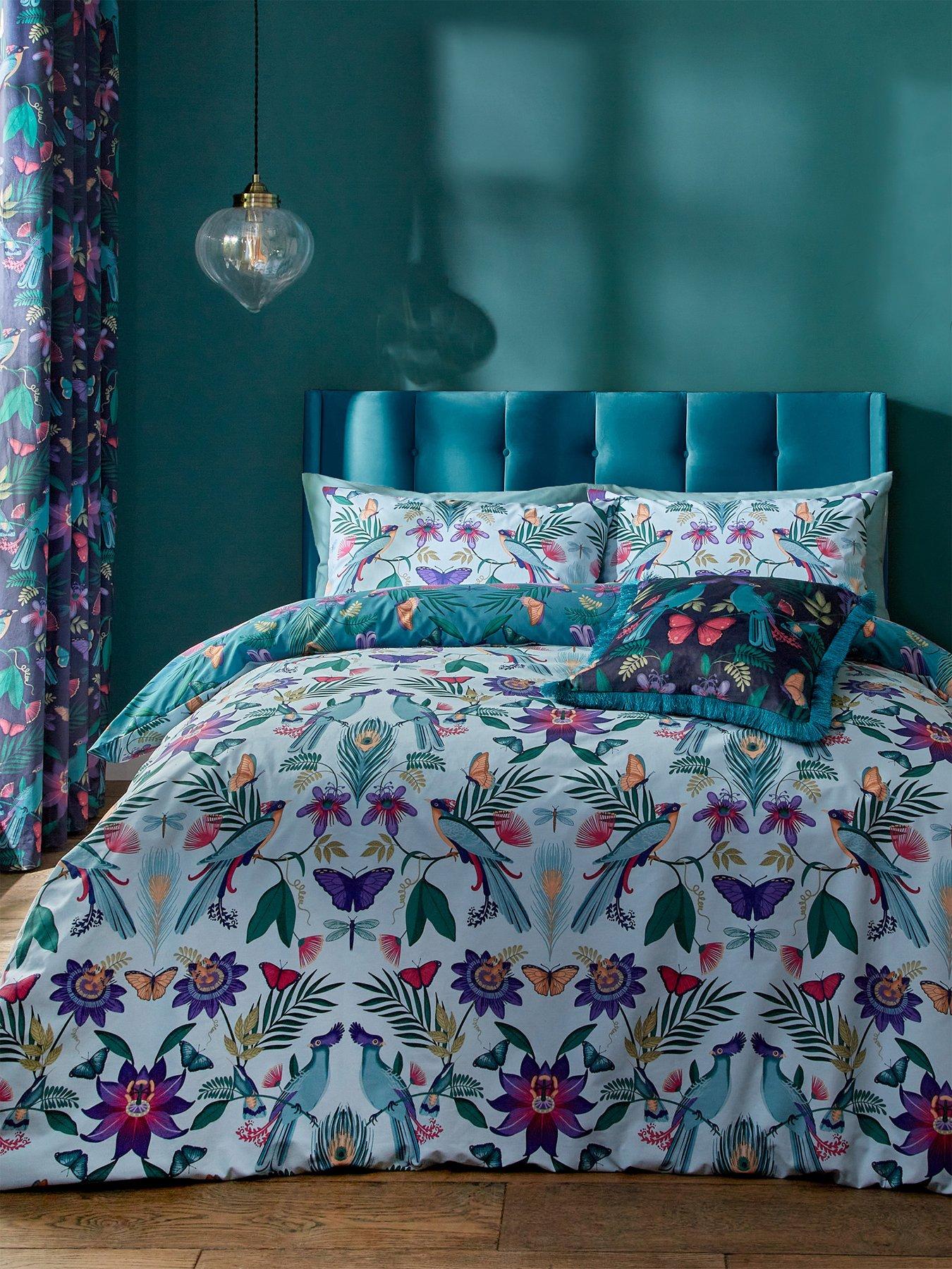 Image 1 of 6 of Catherine Lansfield Mya Tropical Birds Duvet Cover Set - Duck Egg Blue