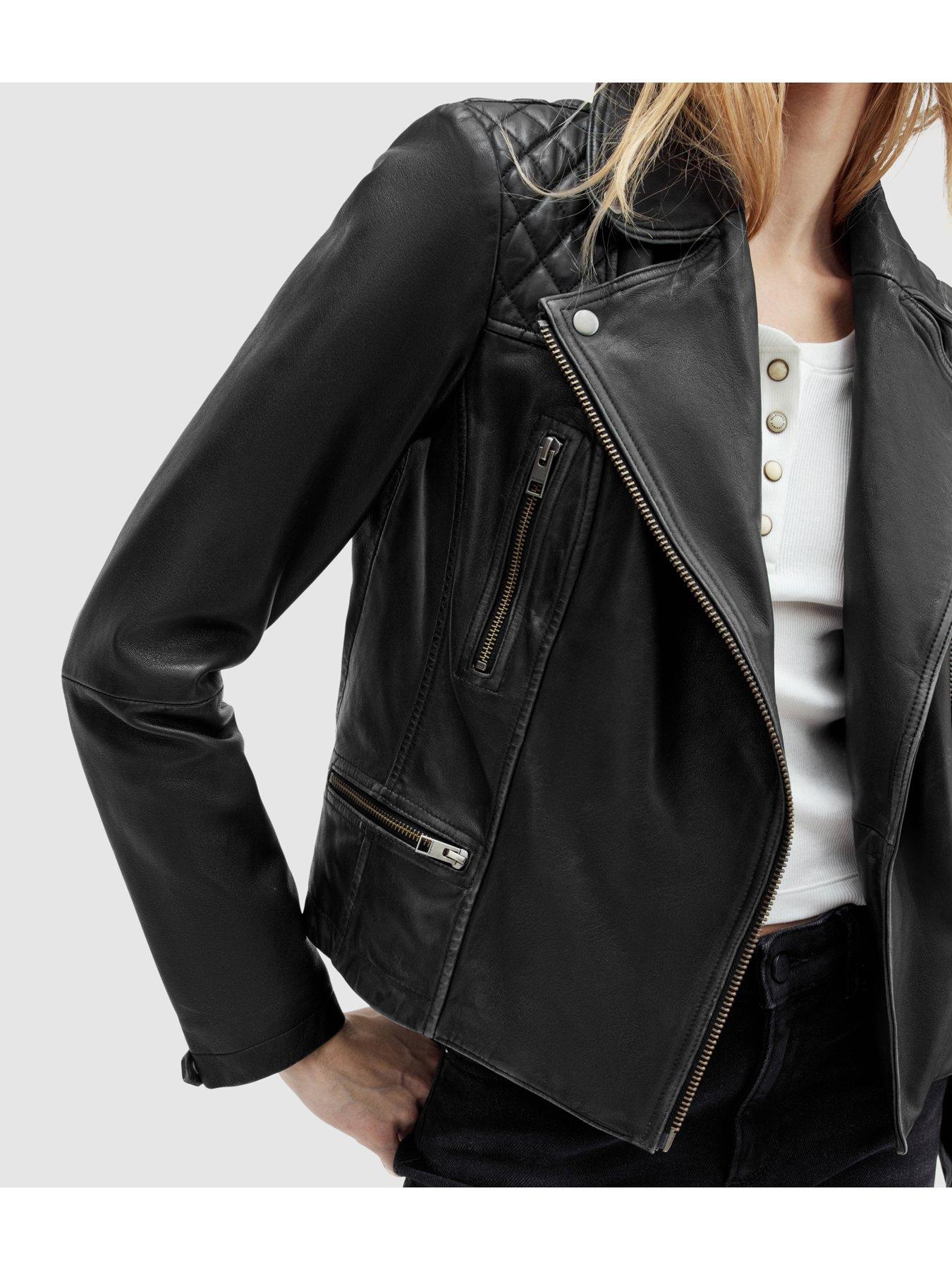 Image 4 of 6 of AllSaints Relaxed Fit&nbsp;Cargo Leather Biker Jacket - Black