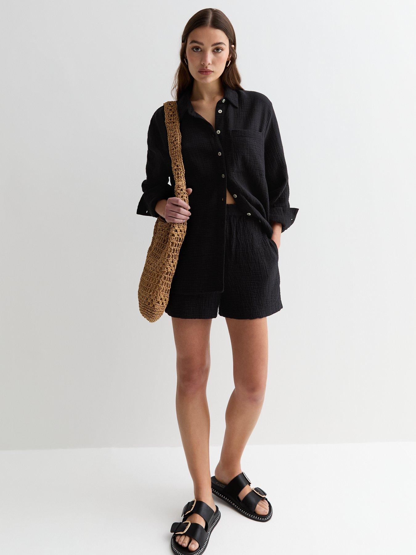 new-look-black-textured-cotton-shortsback