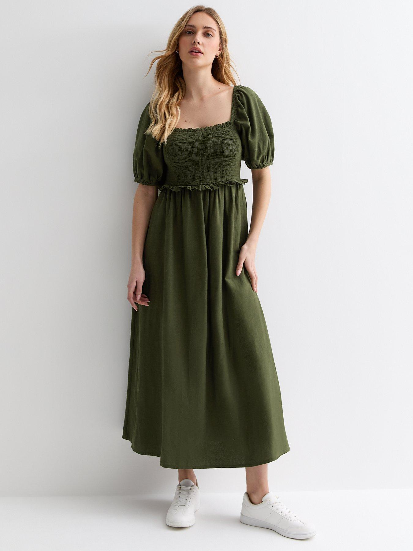 new-look-khaki-square-neck-shirred-midi-dress