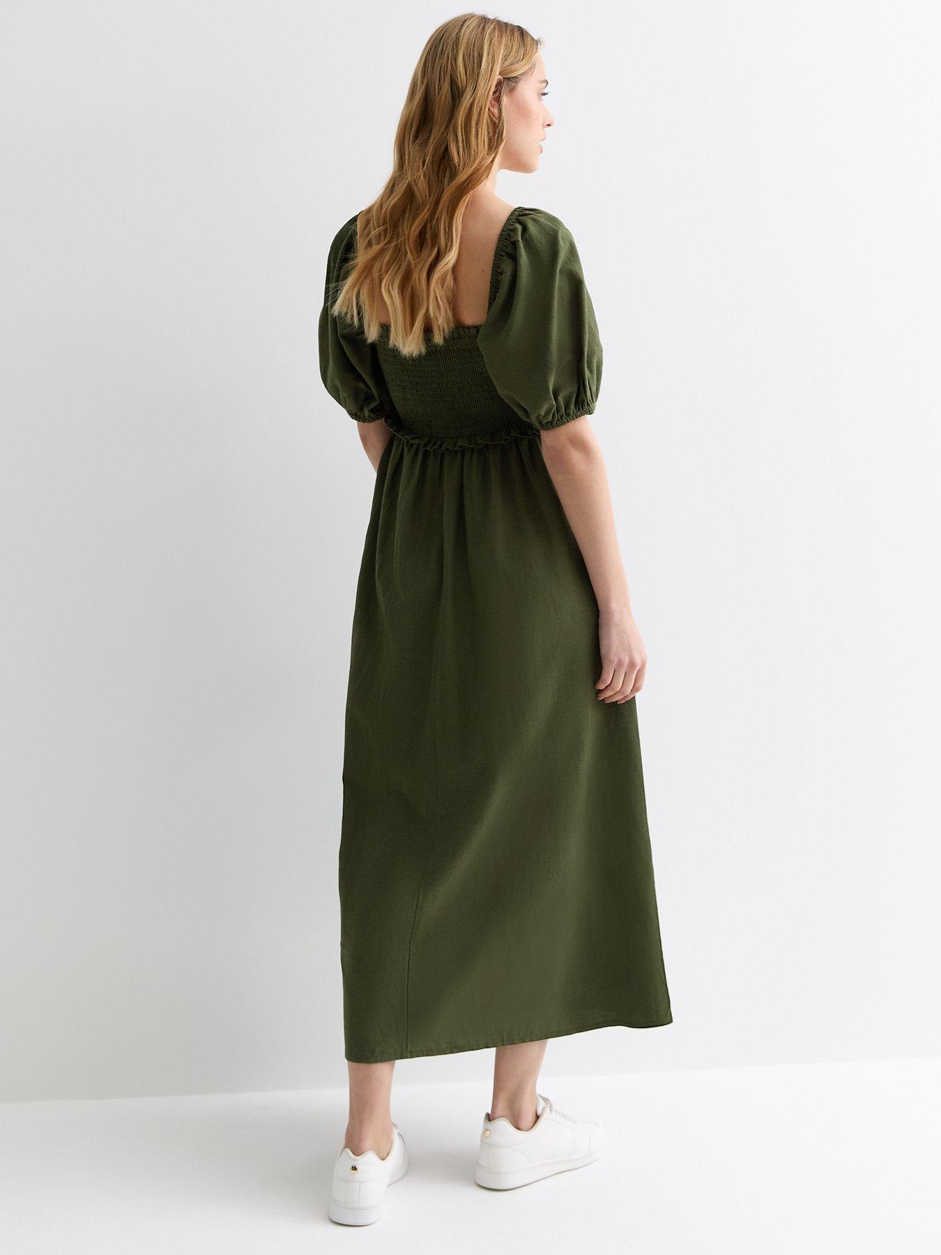 new-look-khaki-square-neck-shirred-midi-dressstillFront