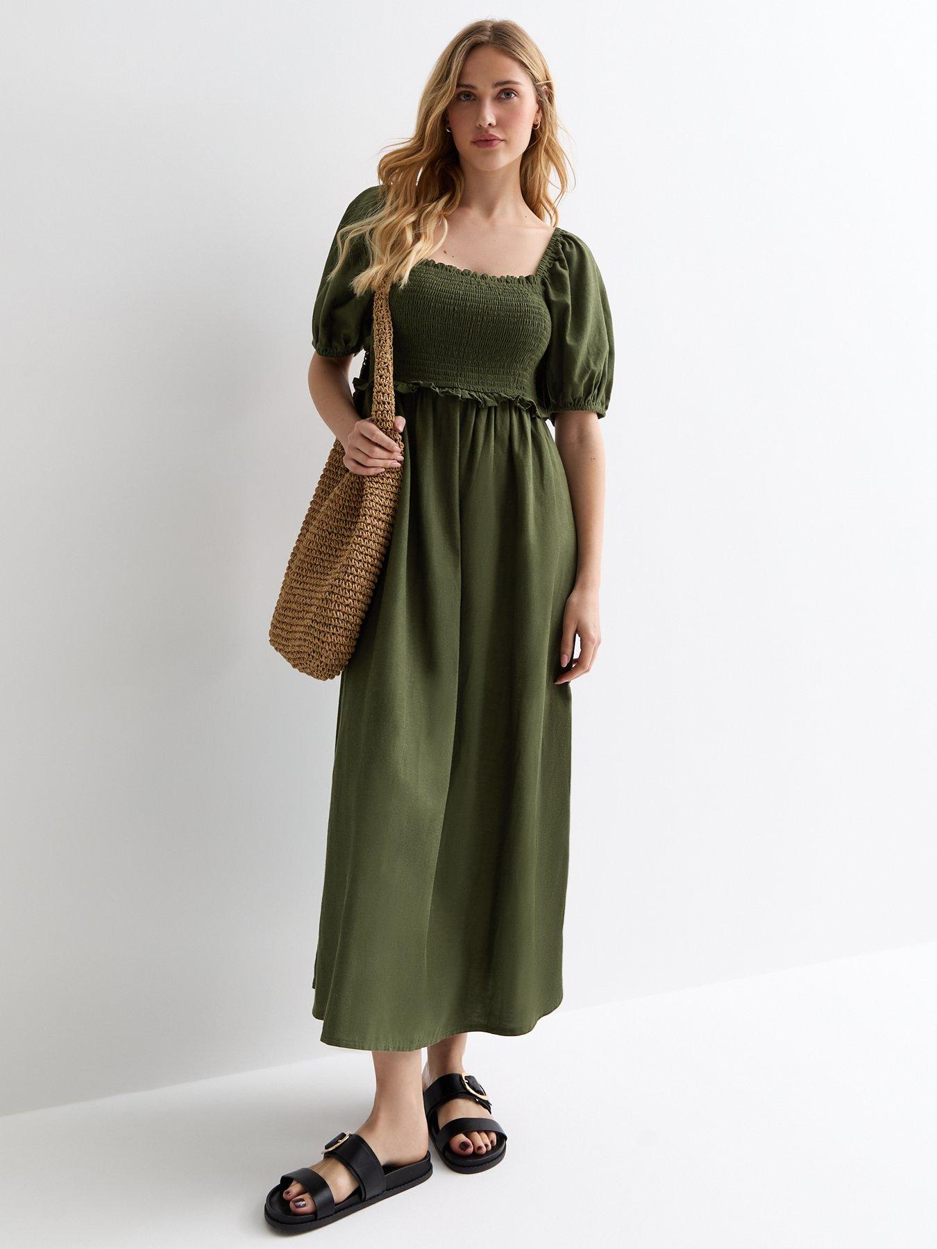 new-look-khaki-square-neck-shirred-midi-dressback