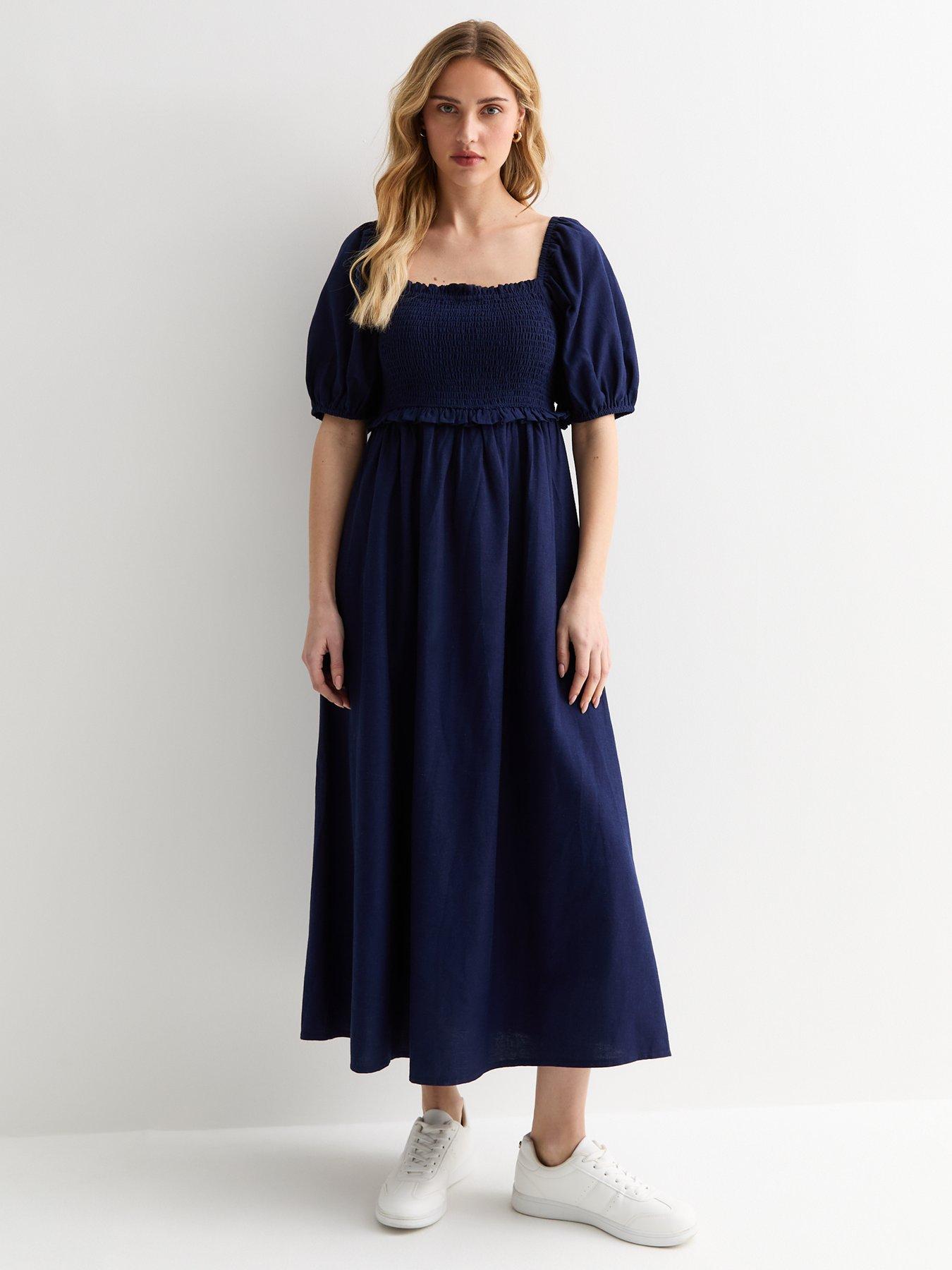 new-look-navy-square-neck-shirred-midi-dress