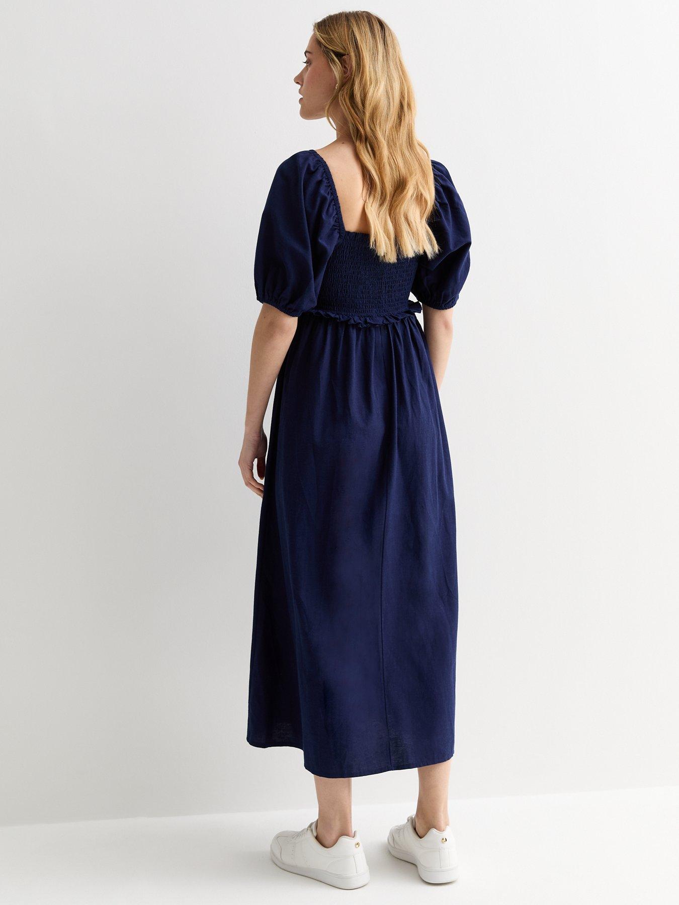 new-look-navy-square-neck-shirred-midi-dressstillFront