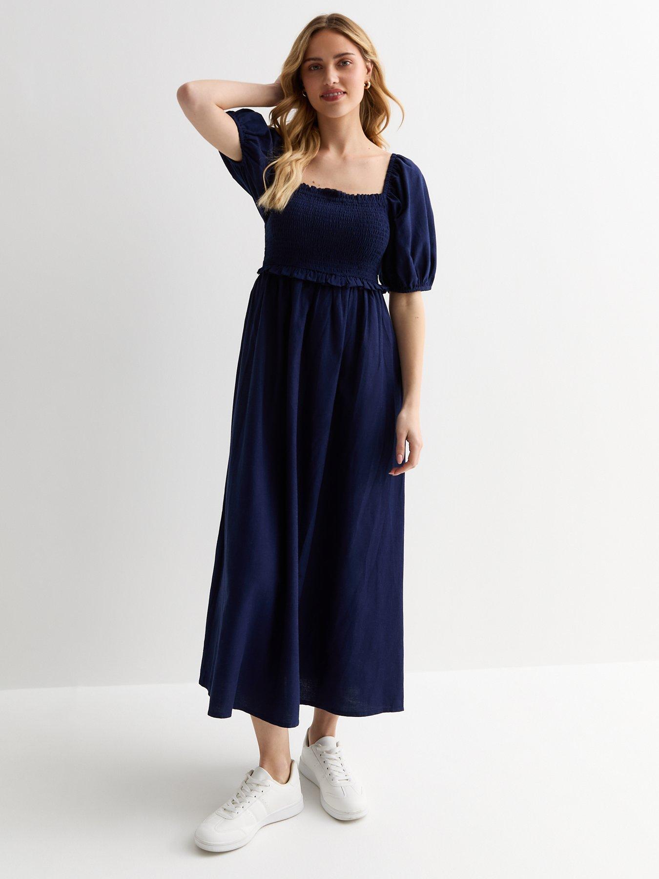 new-look-navy-square-neck-shirred-midi-dressback