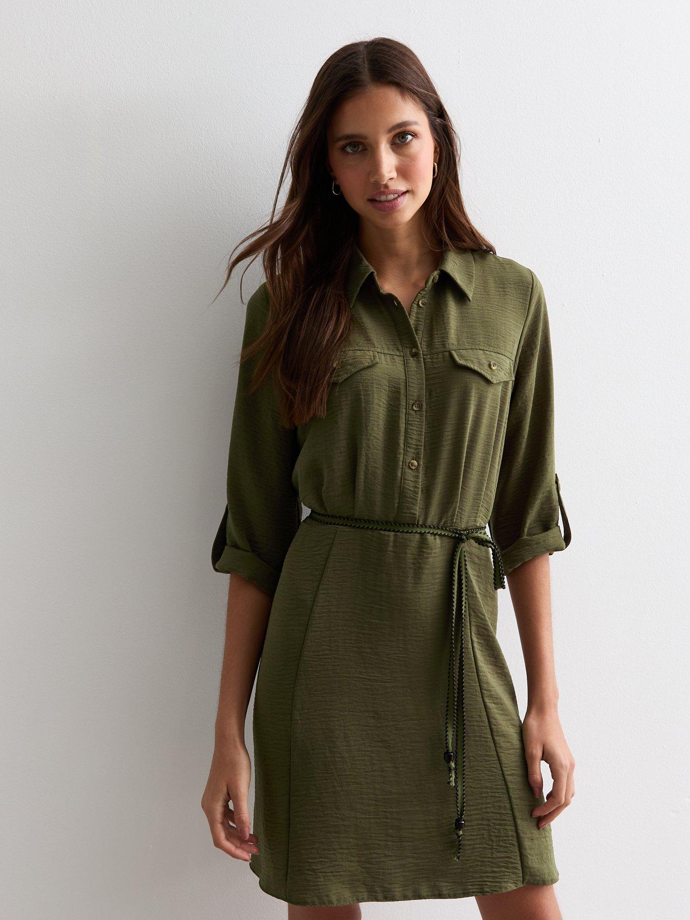 new-look-khaki-crinkle-rope-belt-mini-shirt-dress