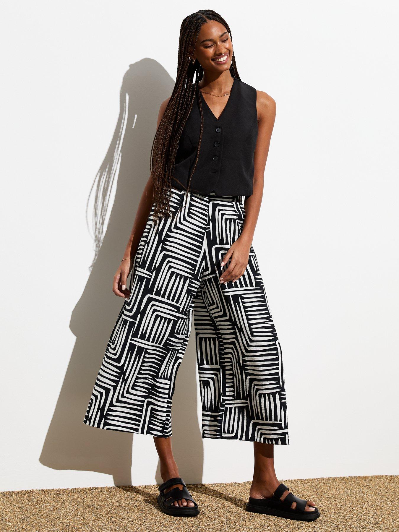undefined Black Abstract Stripe Wide Crop Trousers