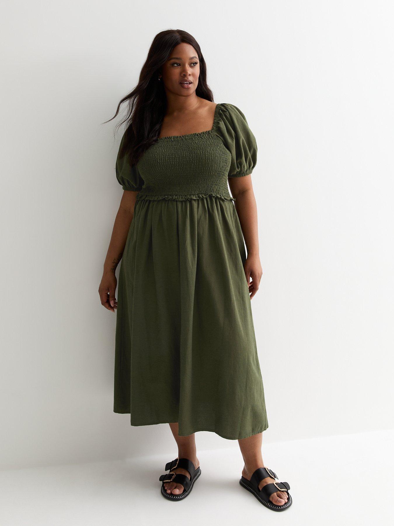 new-look-curves-khaki-square-neck-shirred-midi-dress-green