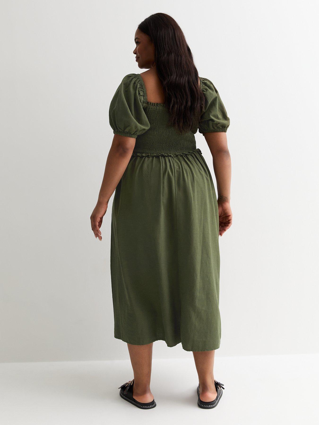 new-look-curves-khaki-square-neck-shirred-midi-dress-greenstillFront