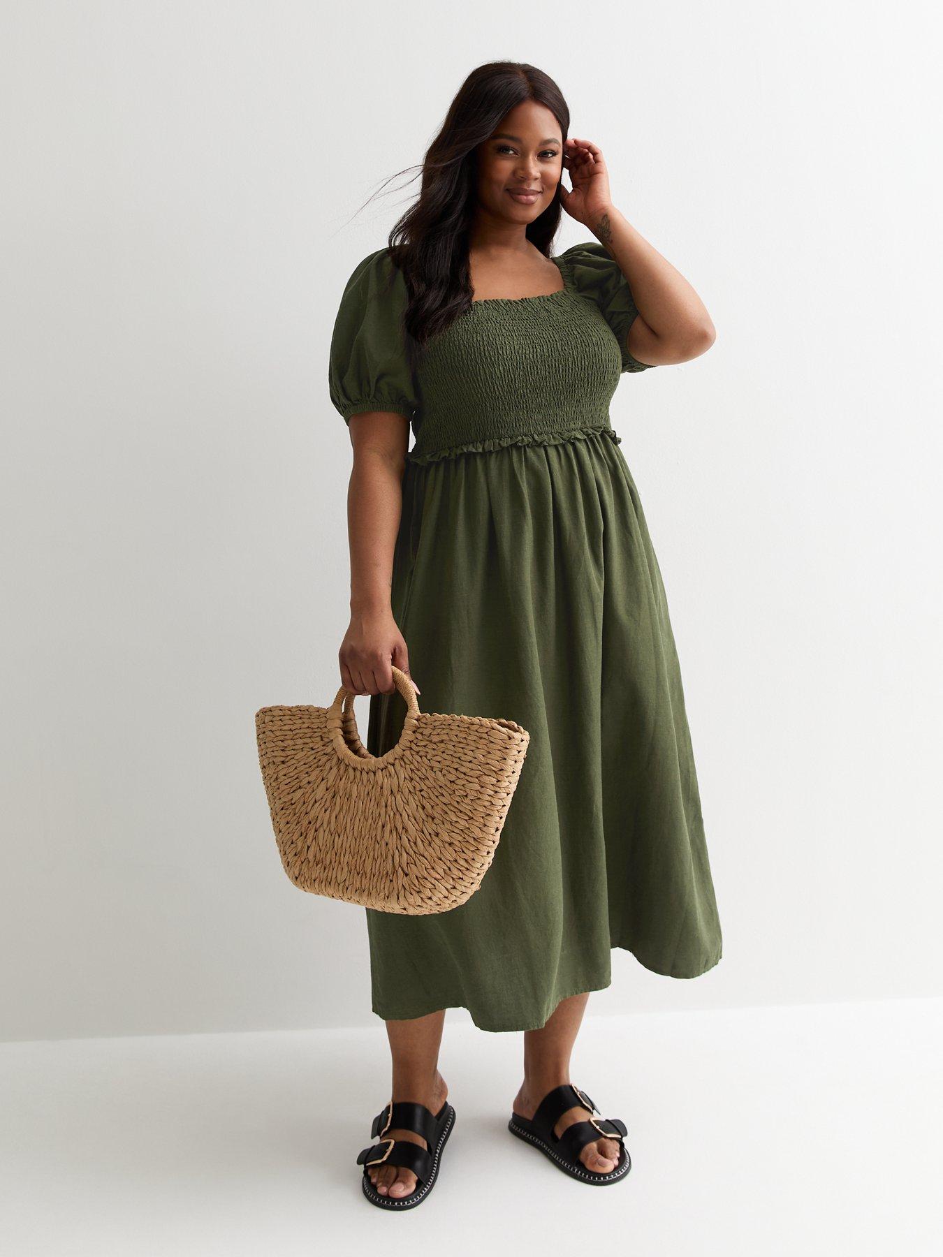 new-look-curves-khaki-square-neck-shirred-midi-dress-greenback