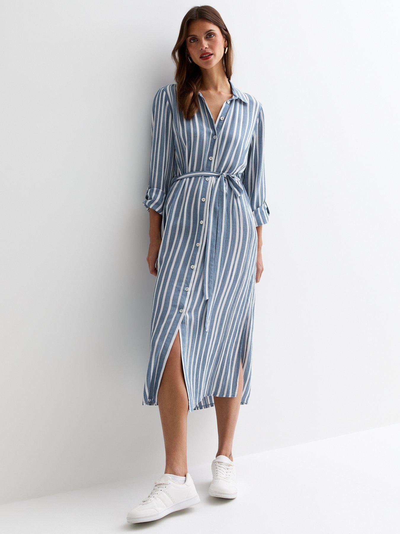 new-look-blue-stripe-belted-midi-shirt-dress