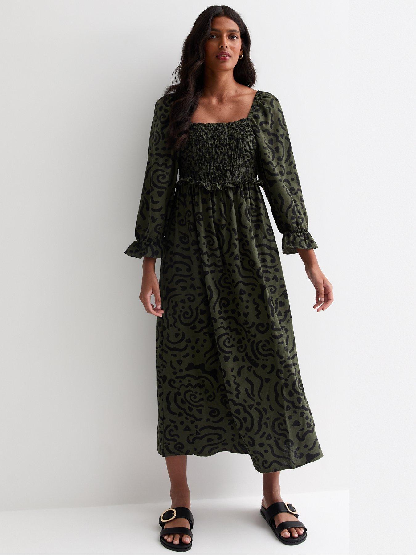 new-look-green-abstract-print-square-neck-midi-dress