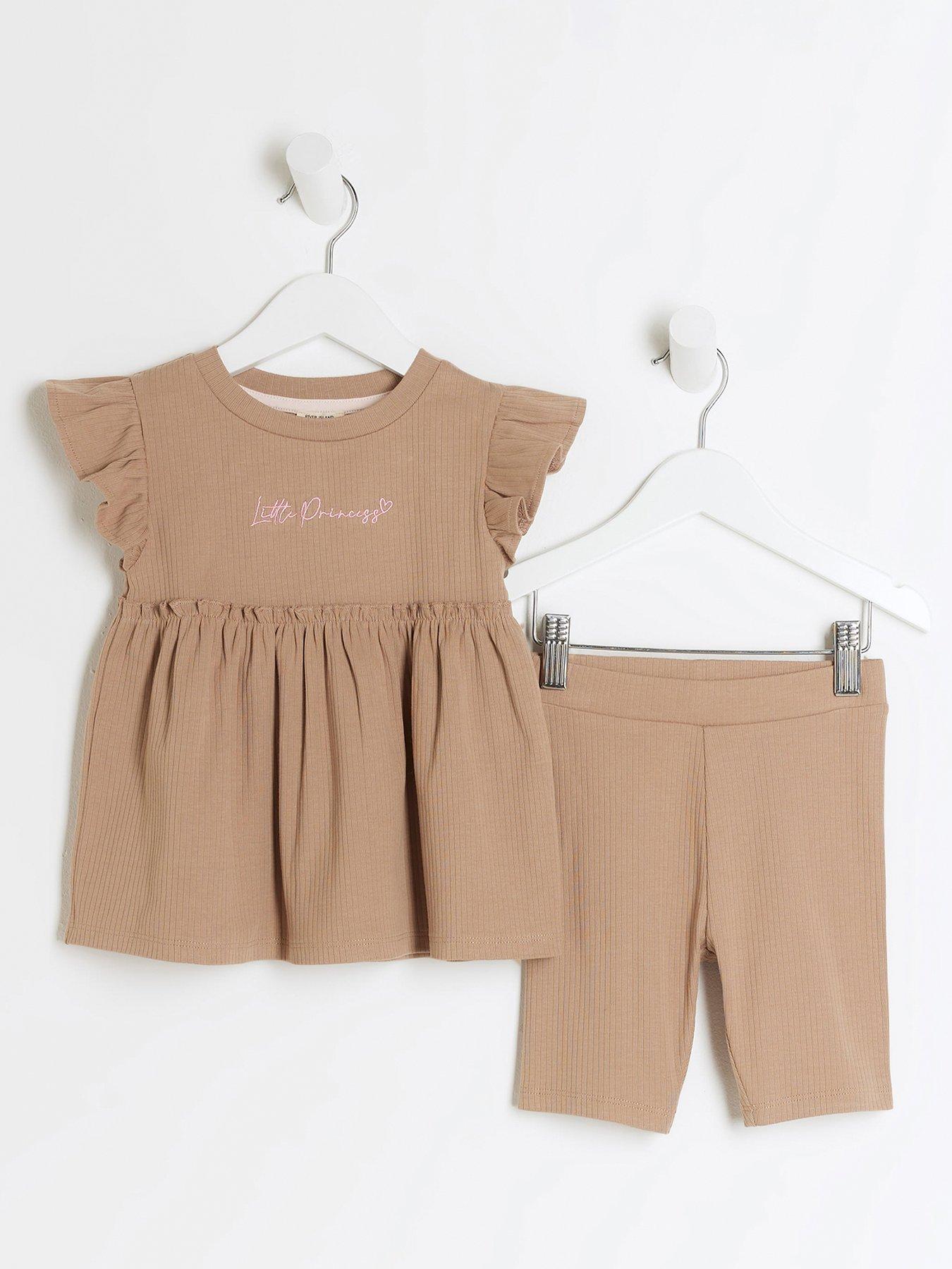 river-island-mini-mini-girls-ribbed-peplum-t-shirt-set-beige