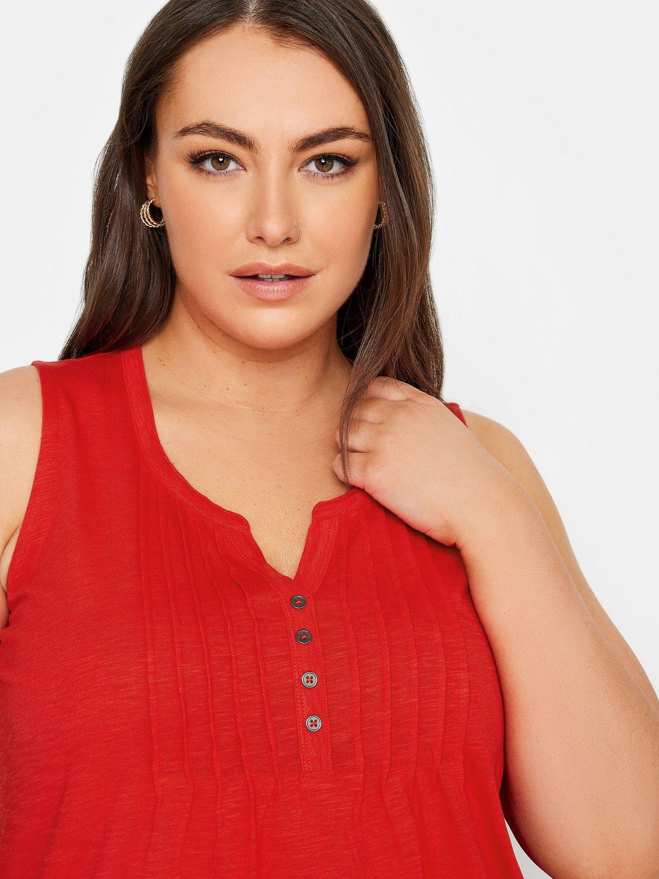 yours-curve-sleeveless-pintuck-henley-flame-scarletoutfit