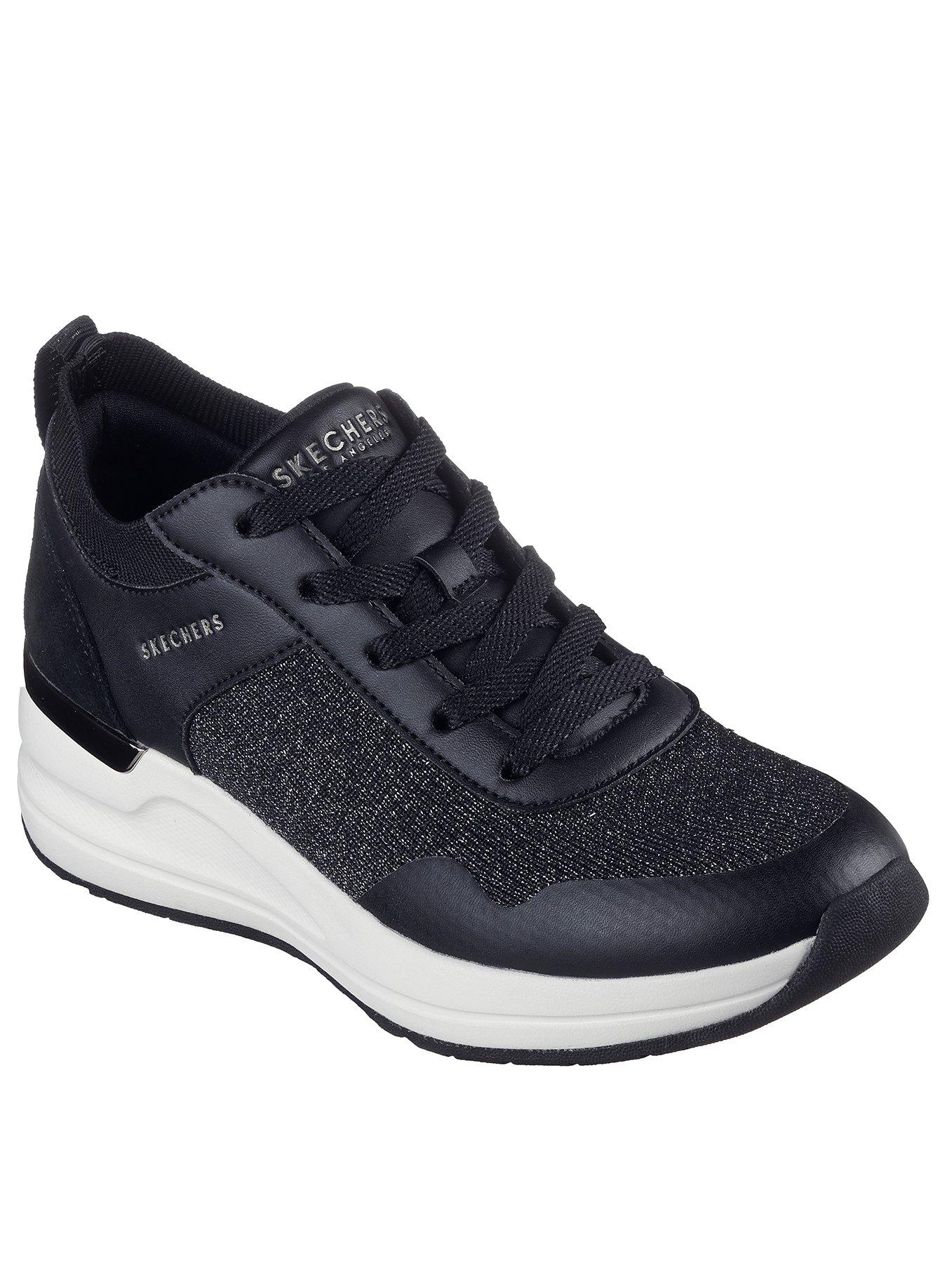 skechers-mylar-knit-duraleather-overlay-lace-up-fashion-wedge-trainers-blackstillFront