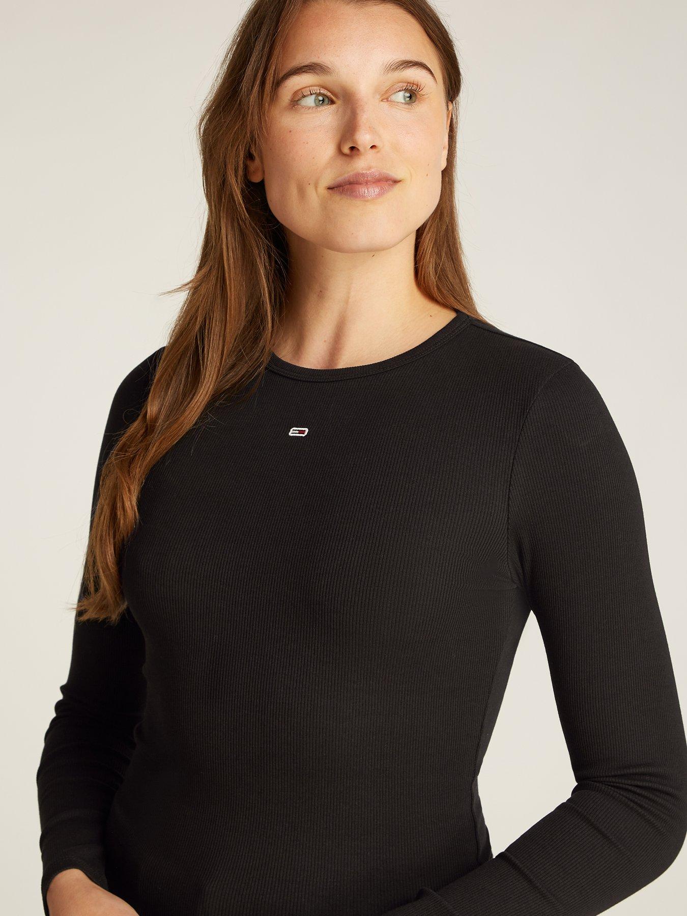 Tommy Jeans Long Sleeve Ribbed Logo Top - Black