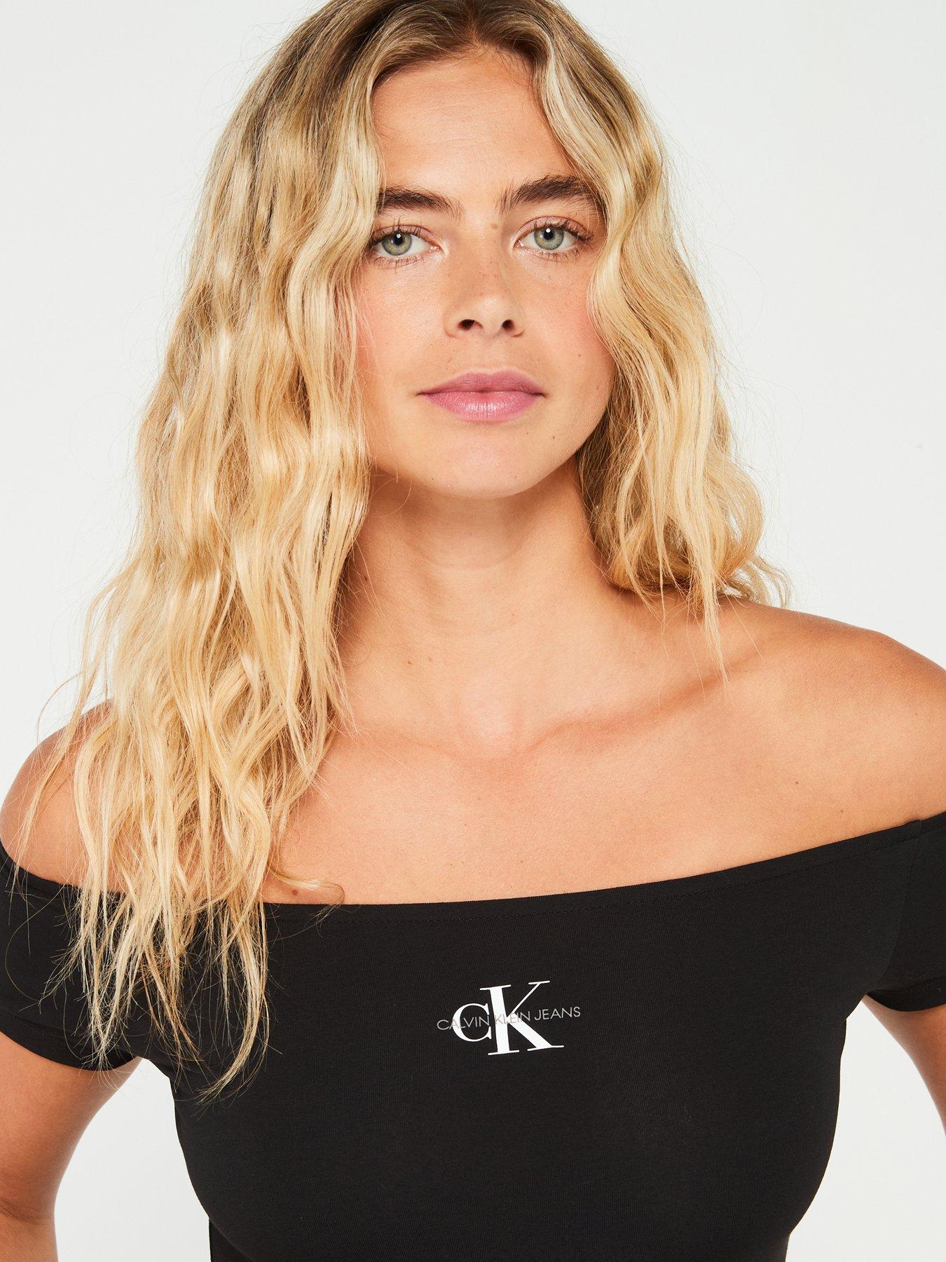 Image 4 of 5 of Calvin Klein Jeans Monologo Bardot Top - Black