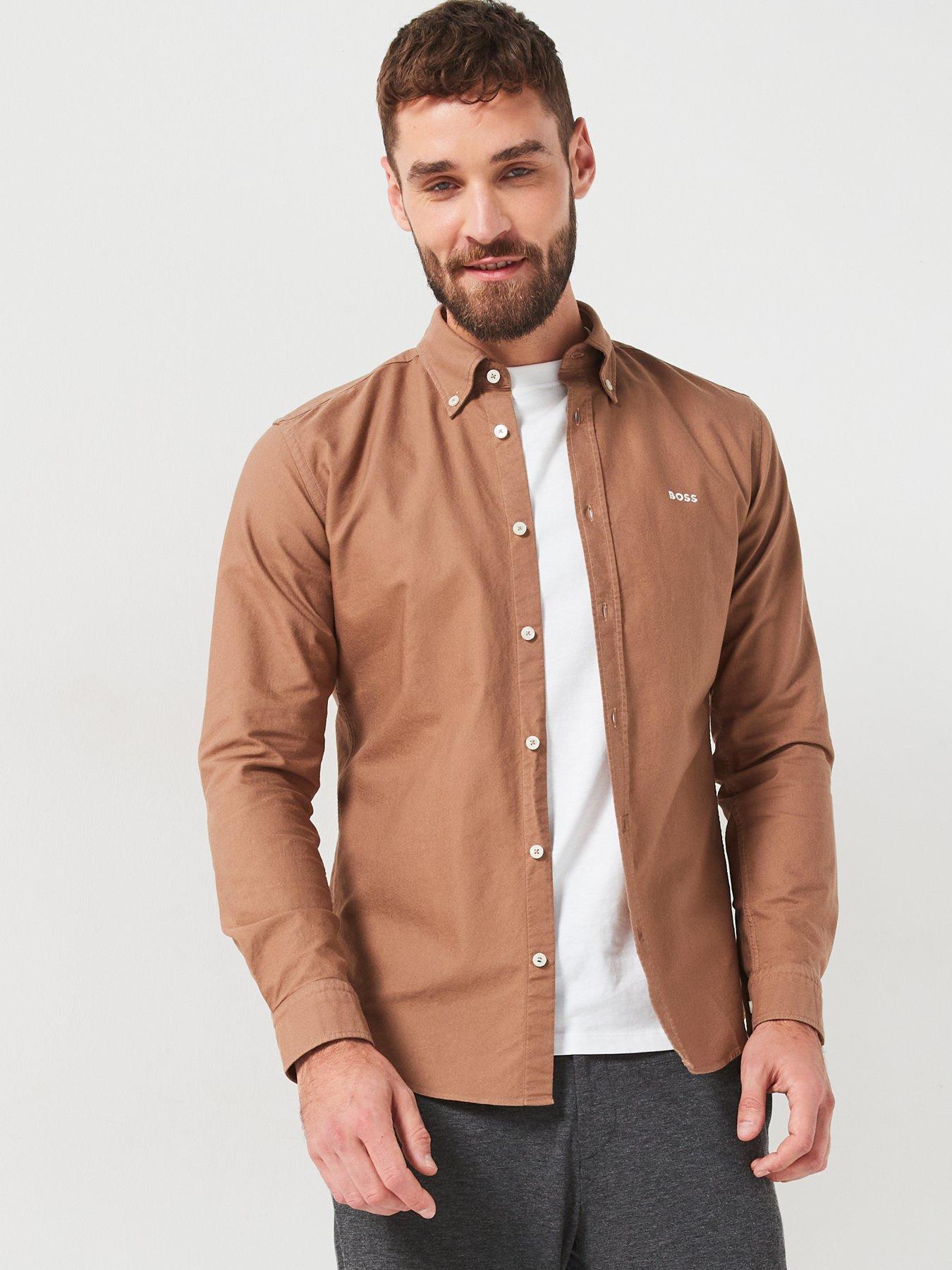 boss-roan-slim-fit-button-down-garment-dyed-shirt--brownoutfit