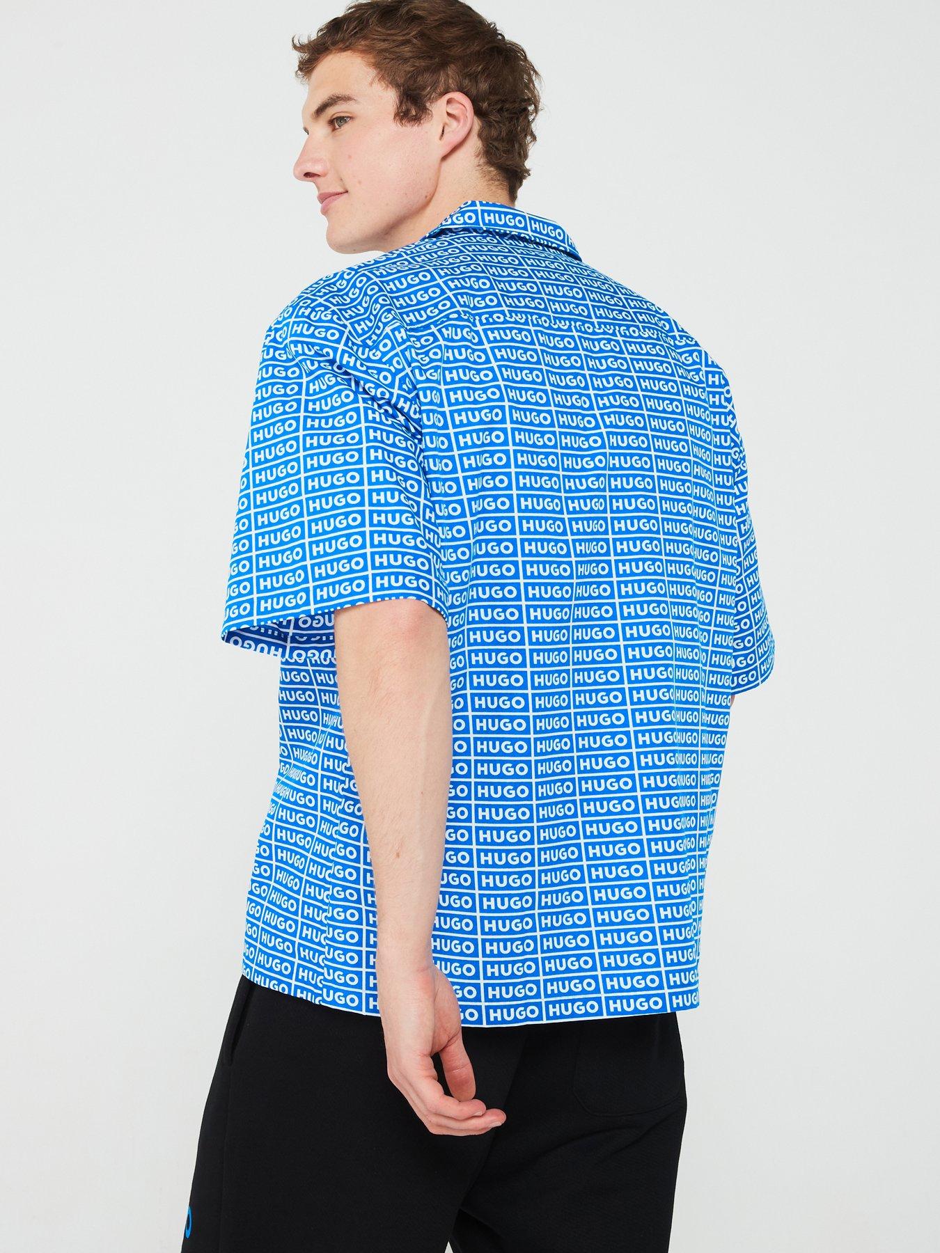 hugo-blue-eligino-oversized-all-over-logo-print-short-sleeve-shirt-bluestillFront