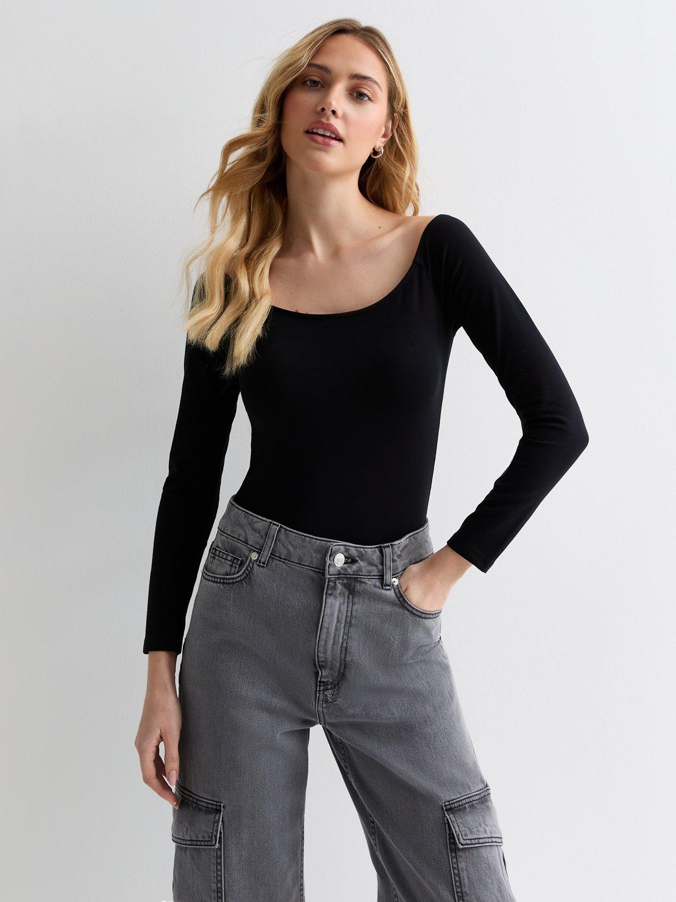 New Look Black Mesh Long Sleeve Ruched Crop Top