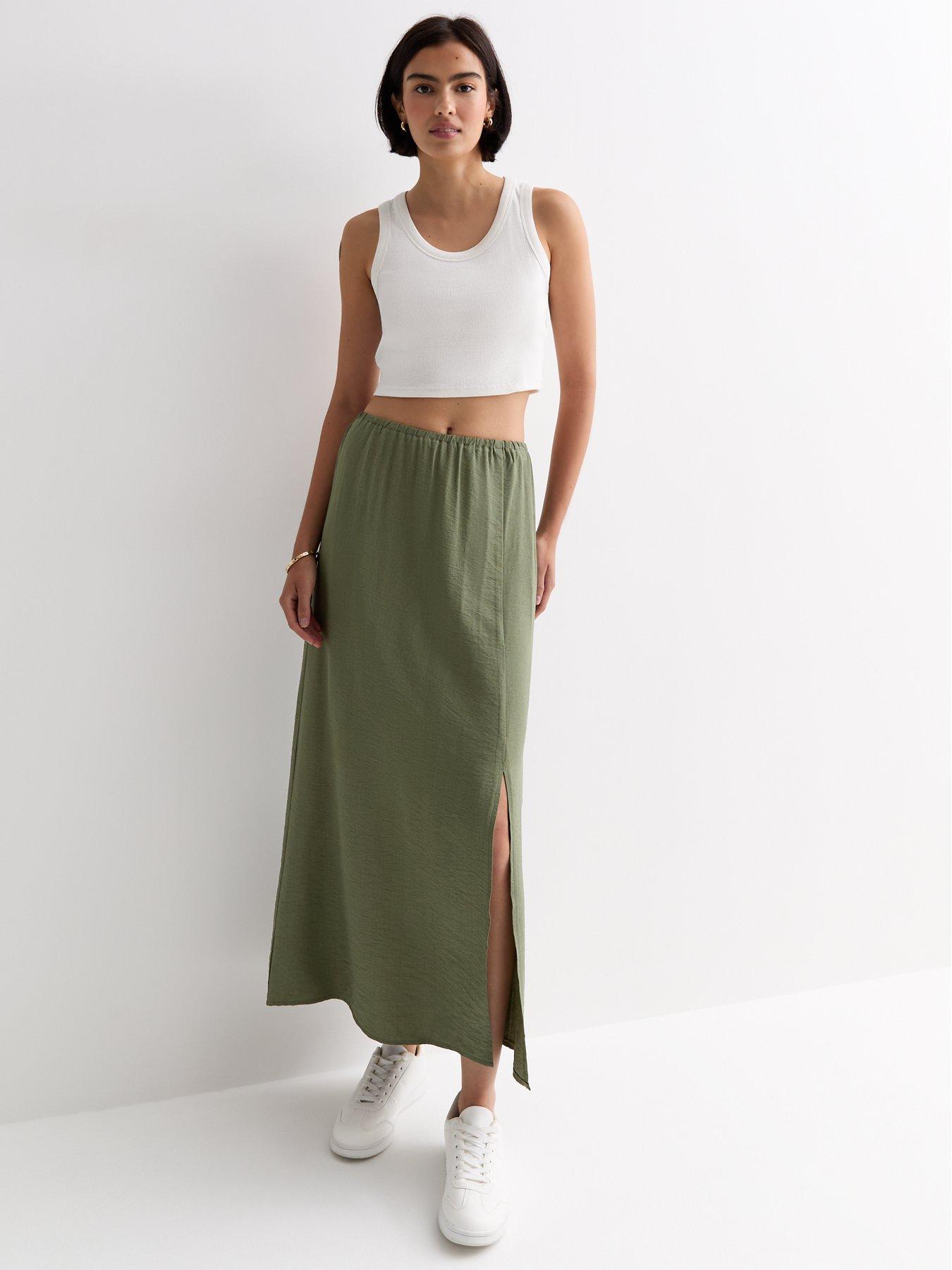 new-look-khaki-textured-split-hem-midi-skirt