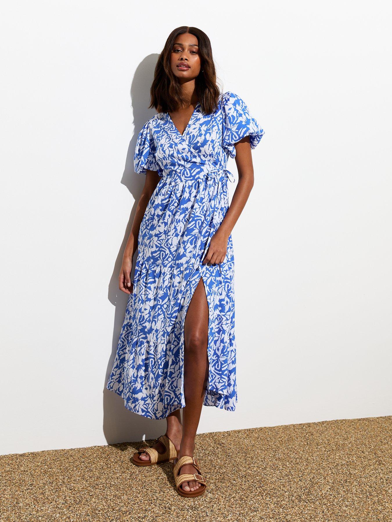 new-look-blue-abstract-print-puff-sleeve-wrap-midi-dress