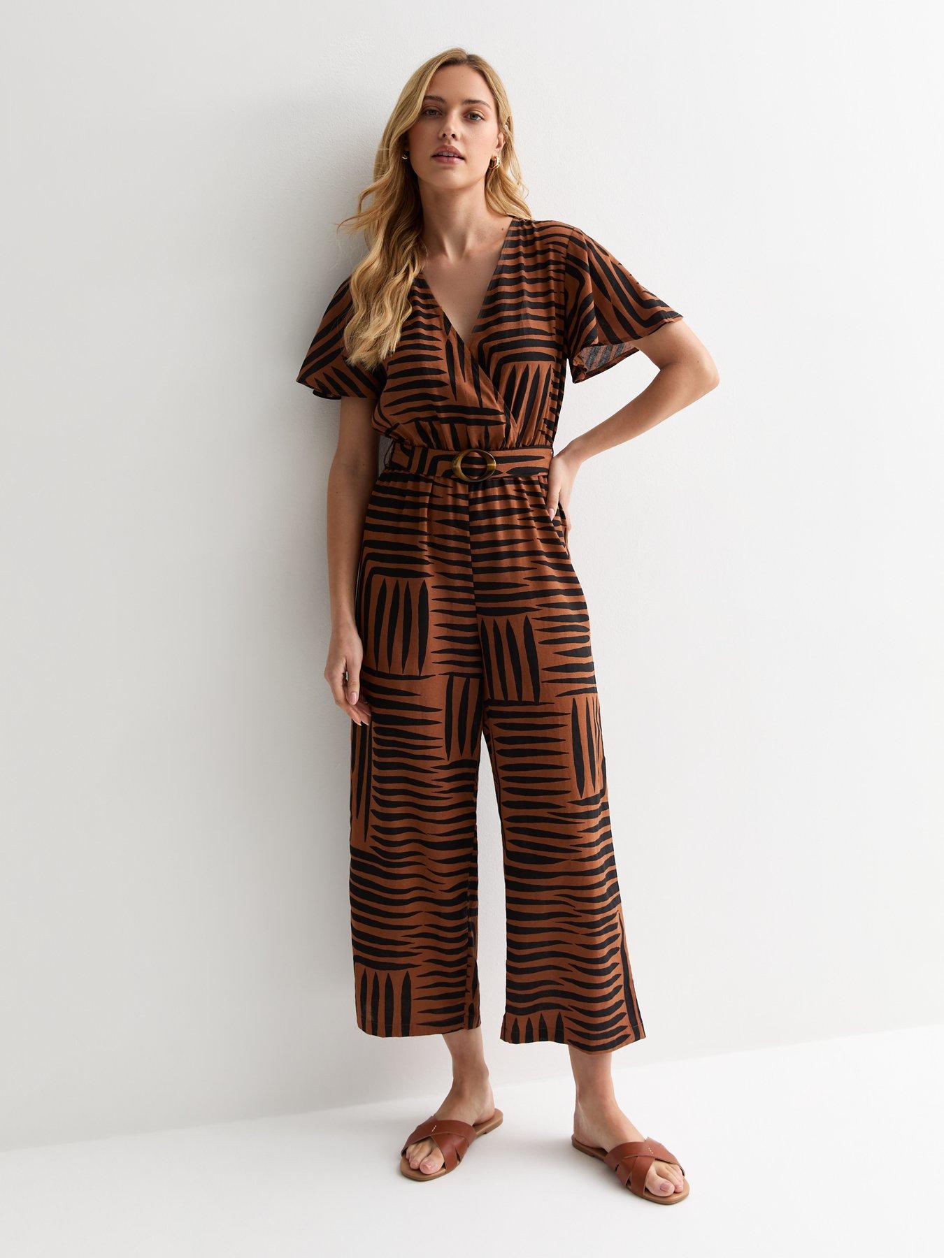 new-look-brown-line-print-belted-wrap-jumpsuit