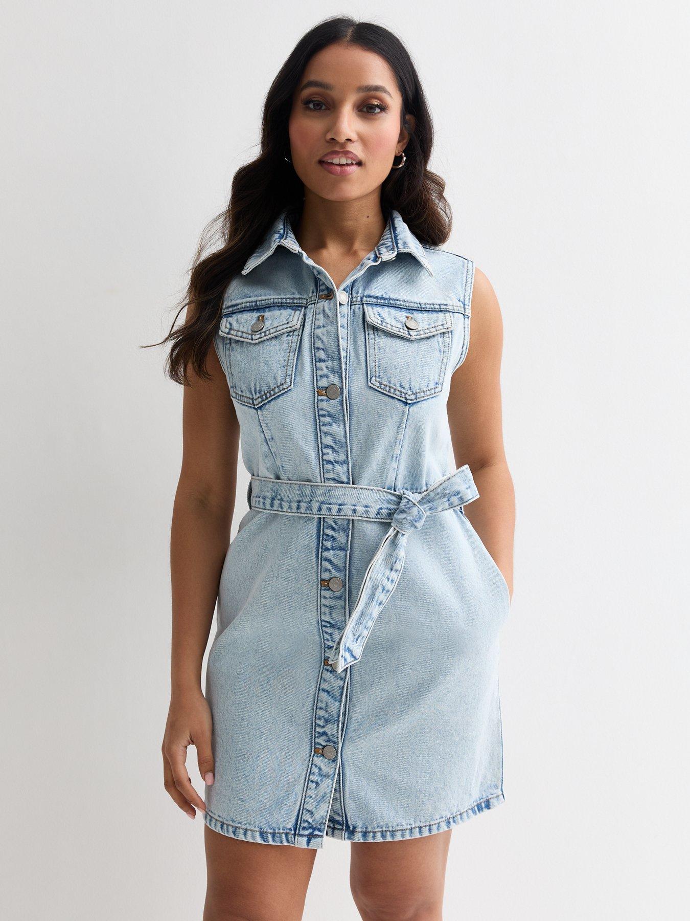 New Look Petite Pale Blue Denim Sleeveless Belted Mini Dress Very Ireland