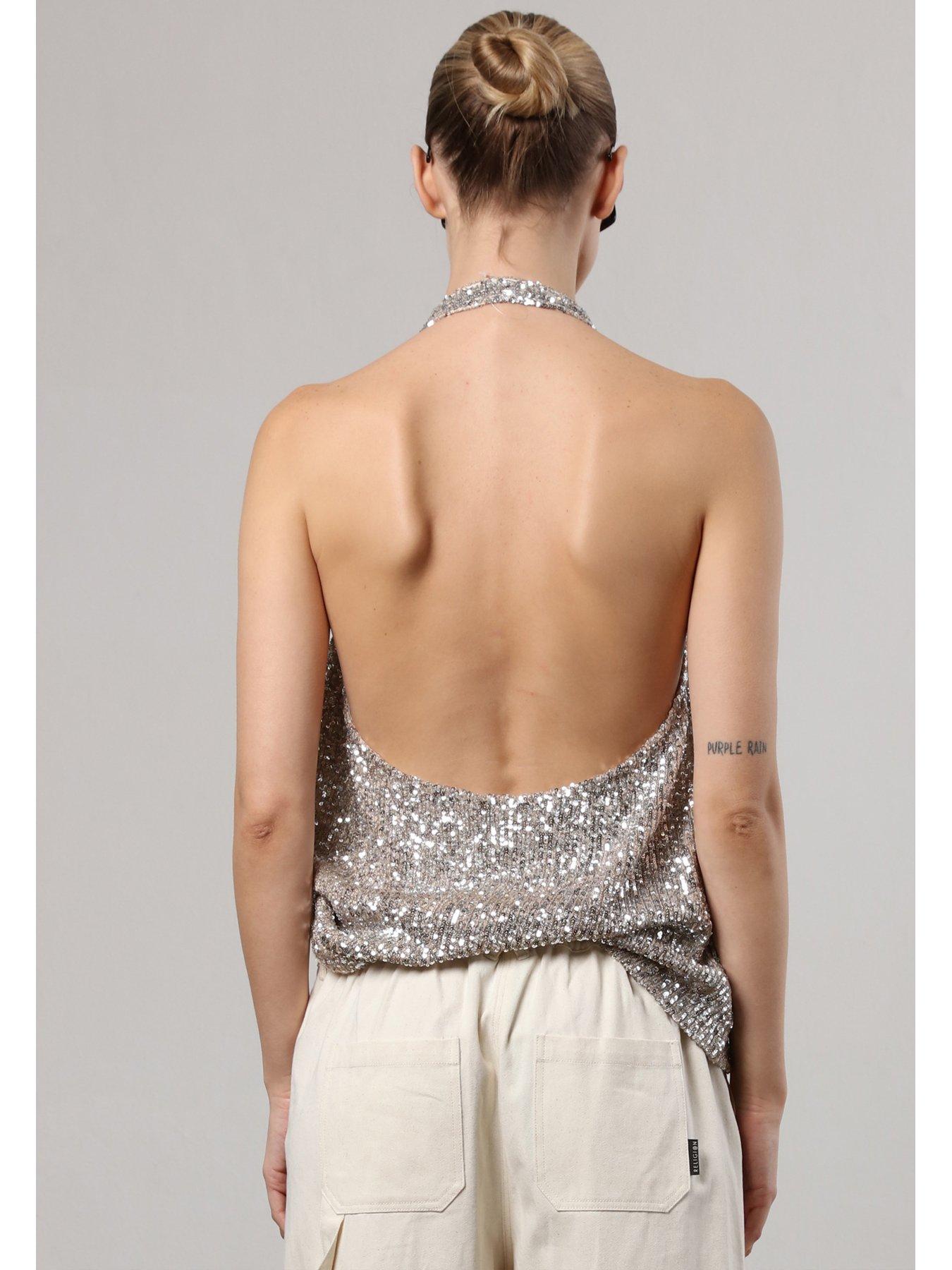 Metallic Sequin Backless Top With Halter Neck Silver