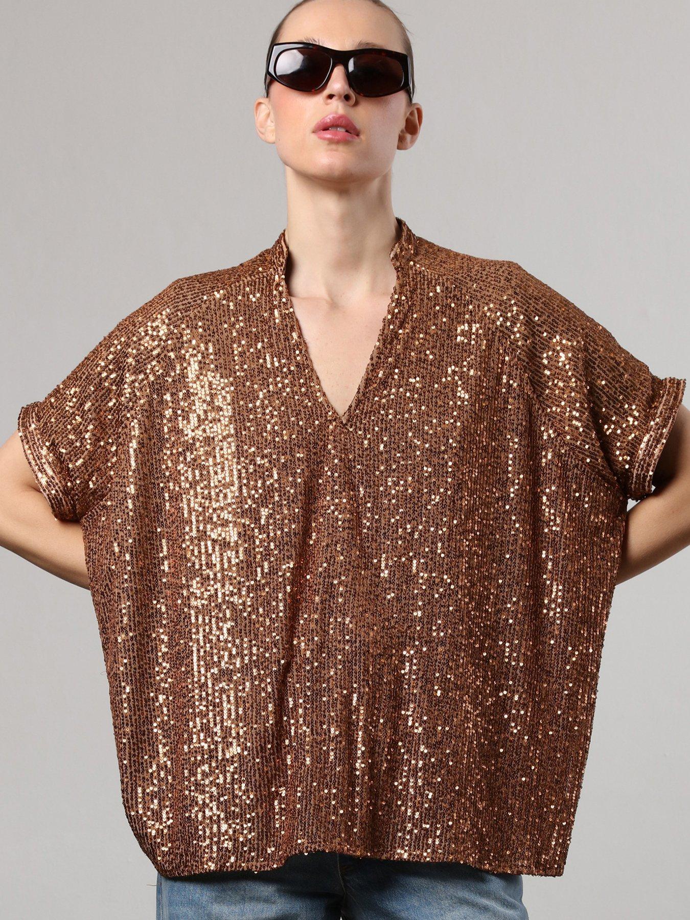 religion-metallic-oversized-tunic-blouse-in-sequin-brown