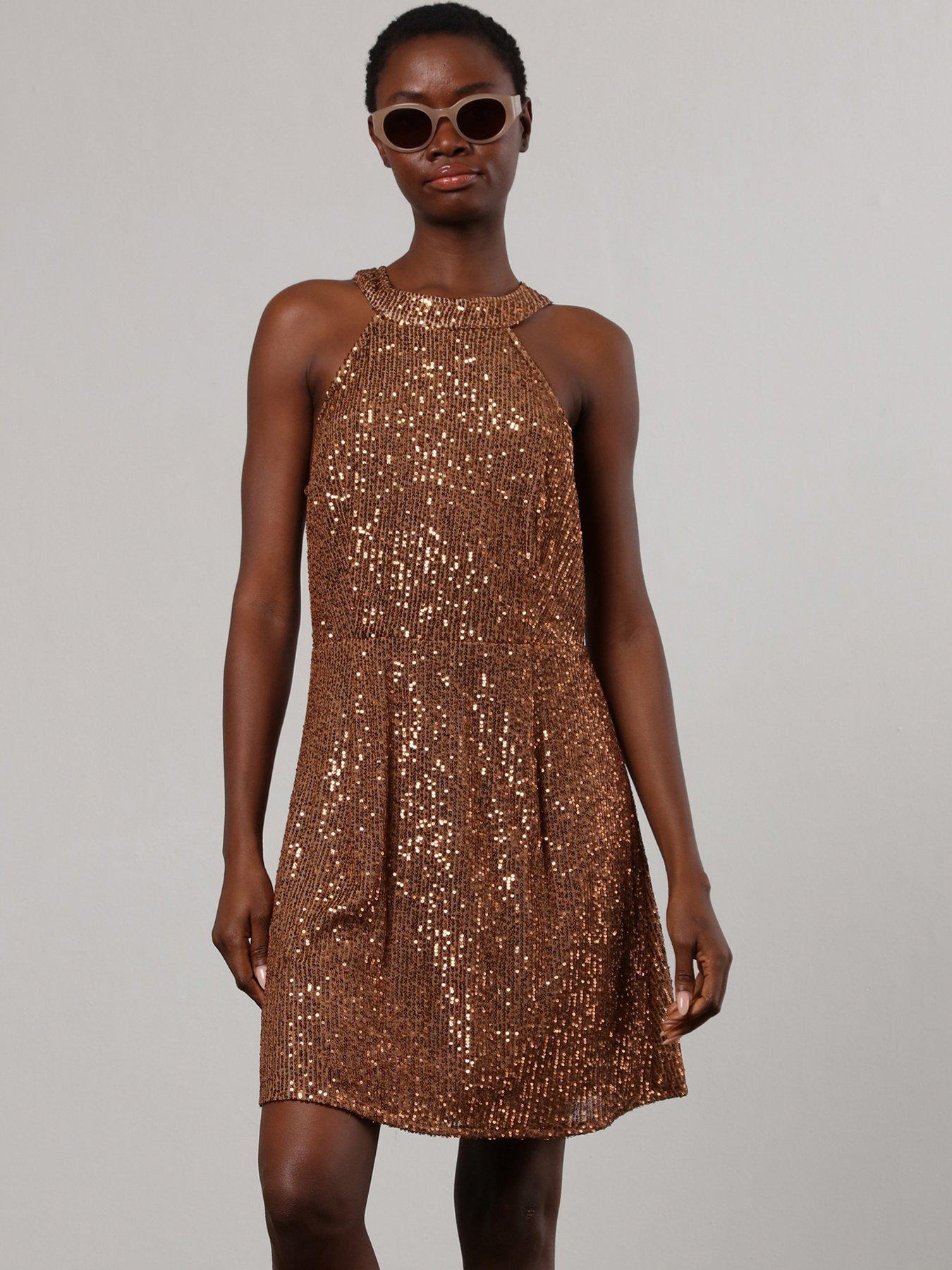 religion-metallic-halter-neck-mini-dress-in-soft-sequin-brown