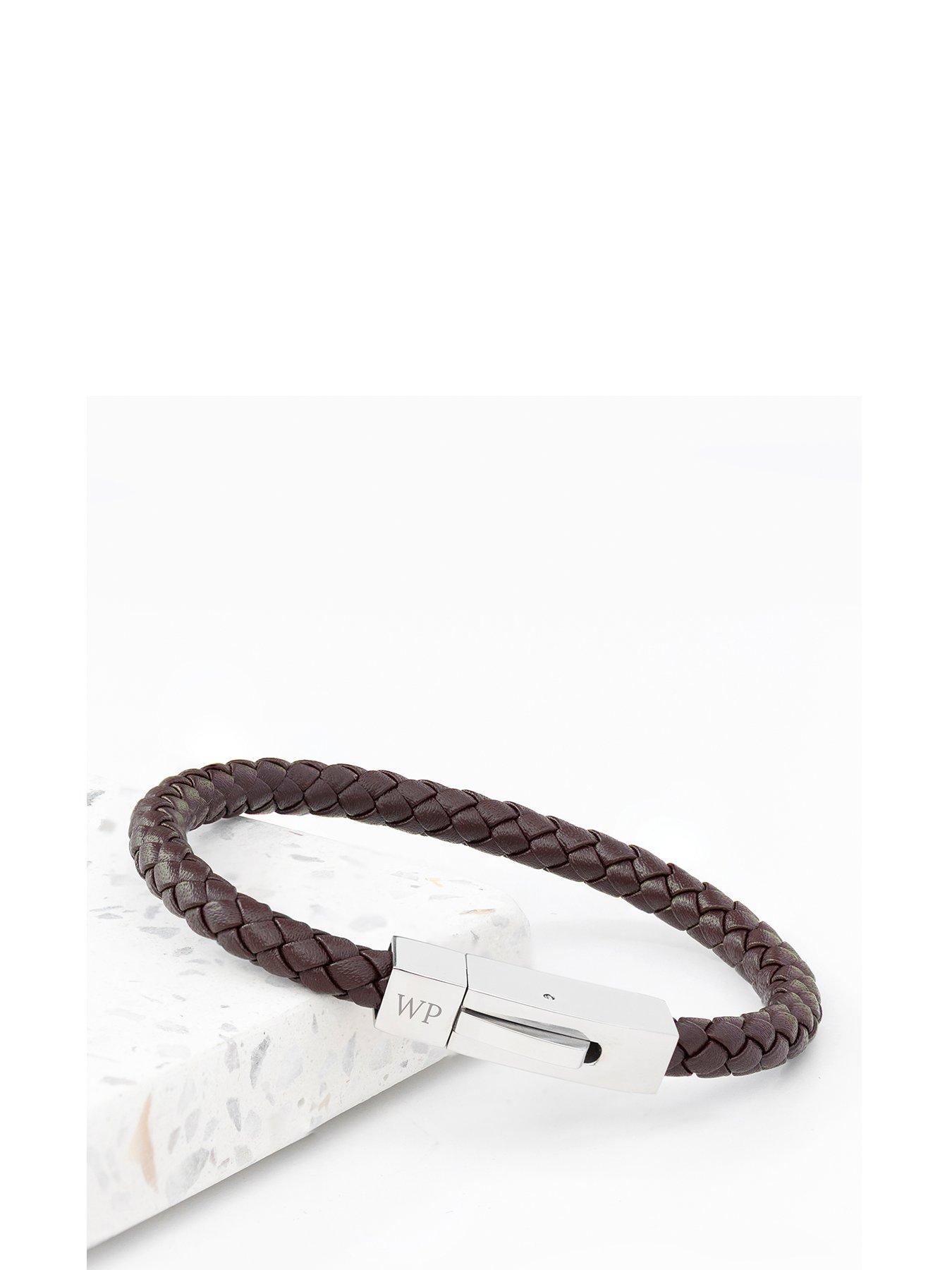 undefined Personalised Mens Brown Leather Bracelet with Tube Clasp