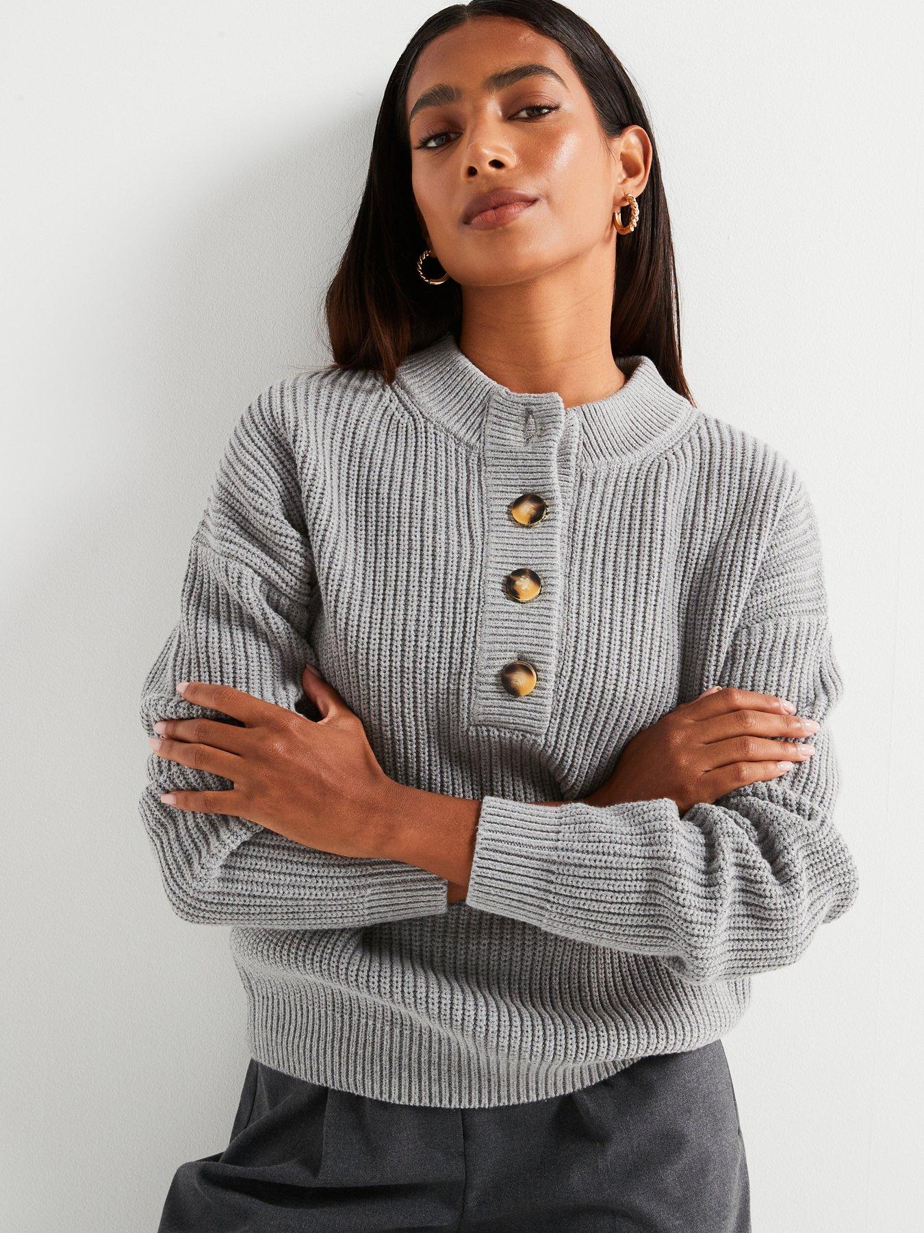 undefined Button Front Ribbed Jumper - Grey