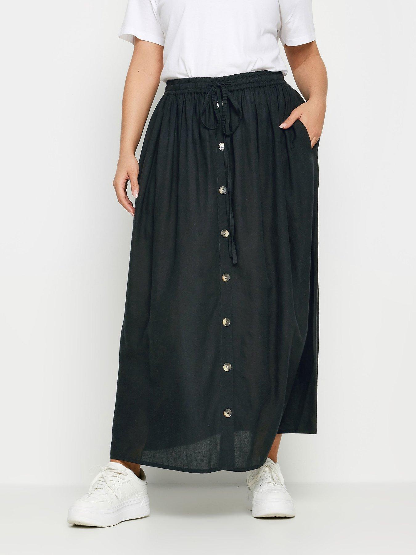 yours-curve-boho-button-skirt-linen-blackfront