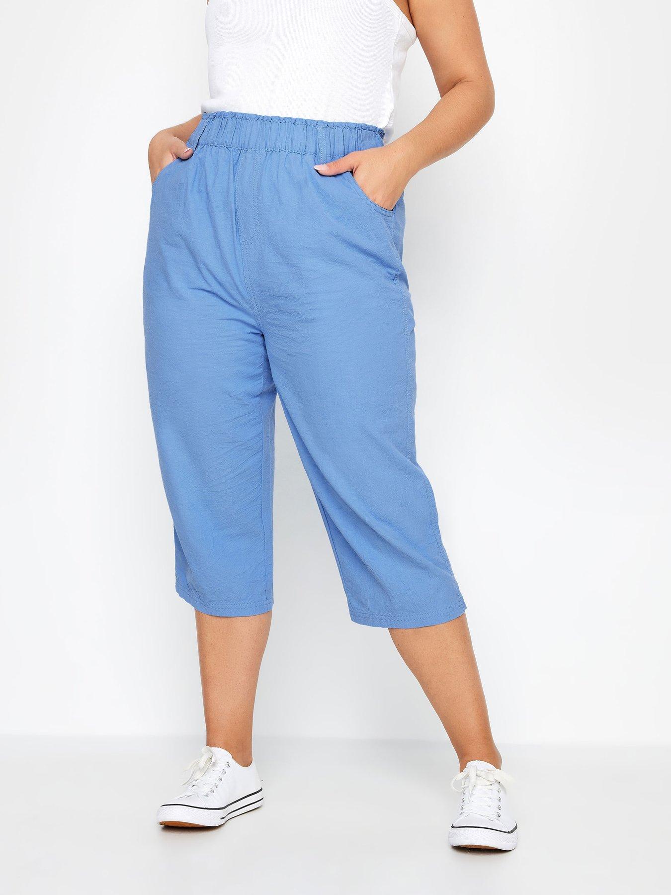 Ladies Plus Size 3/4 Cropped Stretchy High Waist Capri Pants Cargo