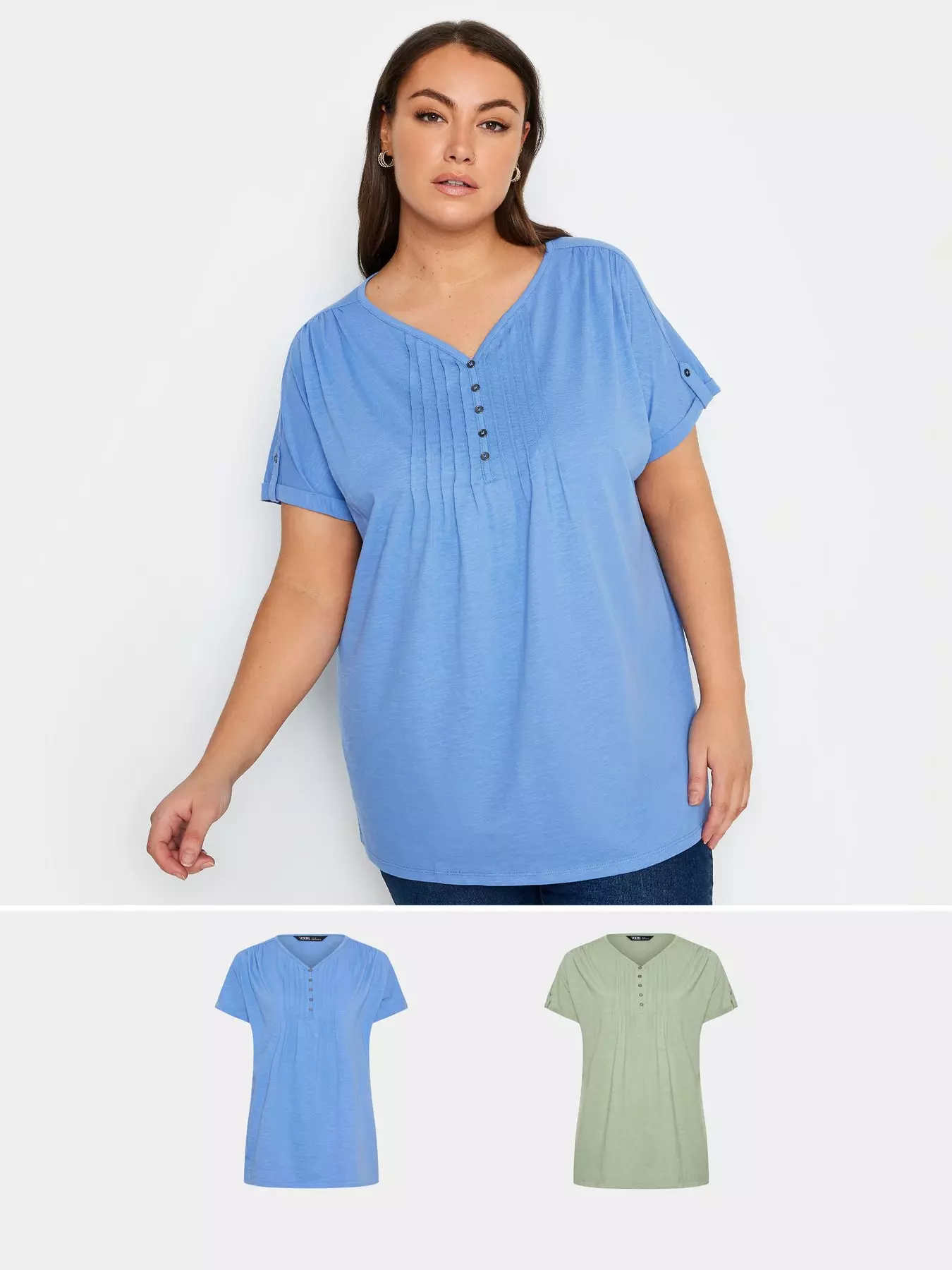 YOURS Curve Plus Size Denim Blue Pintuck Henley T-Shirt