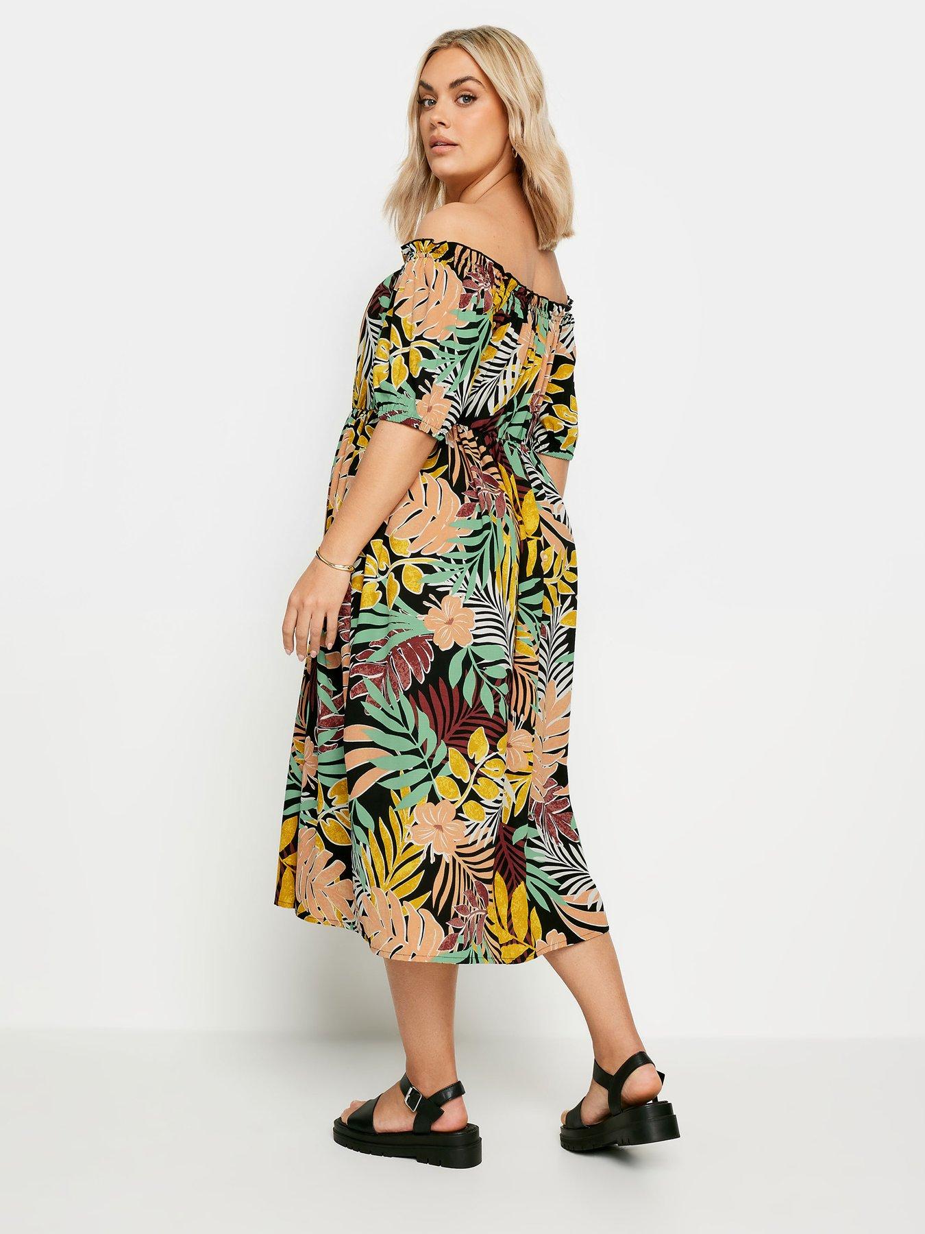 yours-curve-bardot-utility-midaxi-dress-burnt-palms-blackstillFront