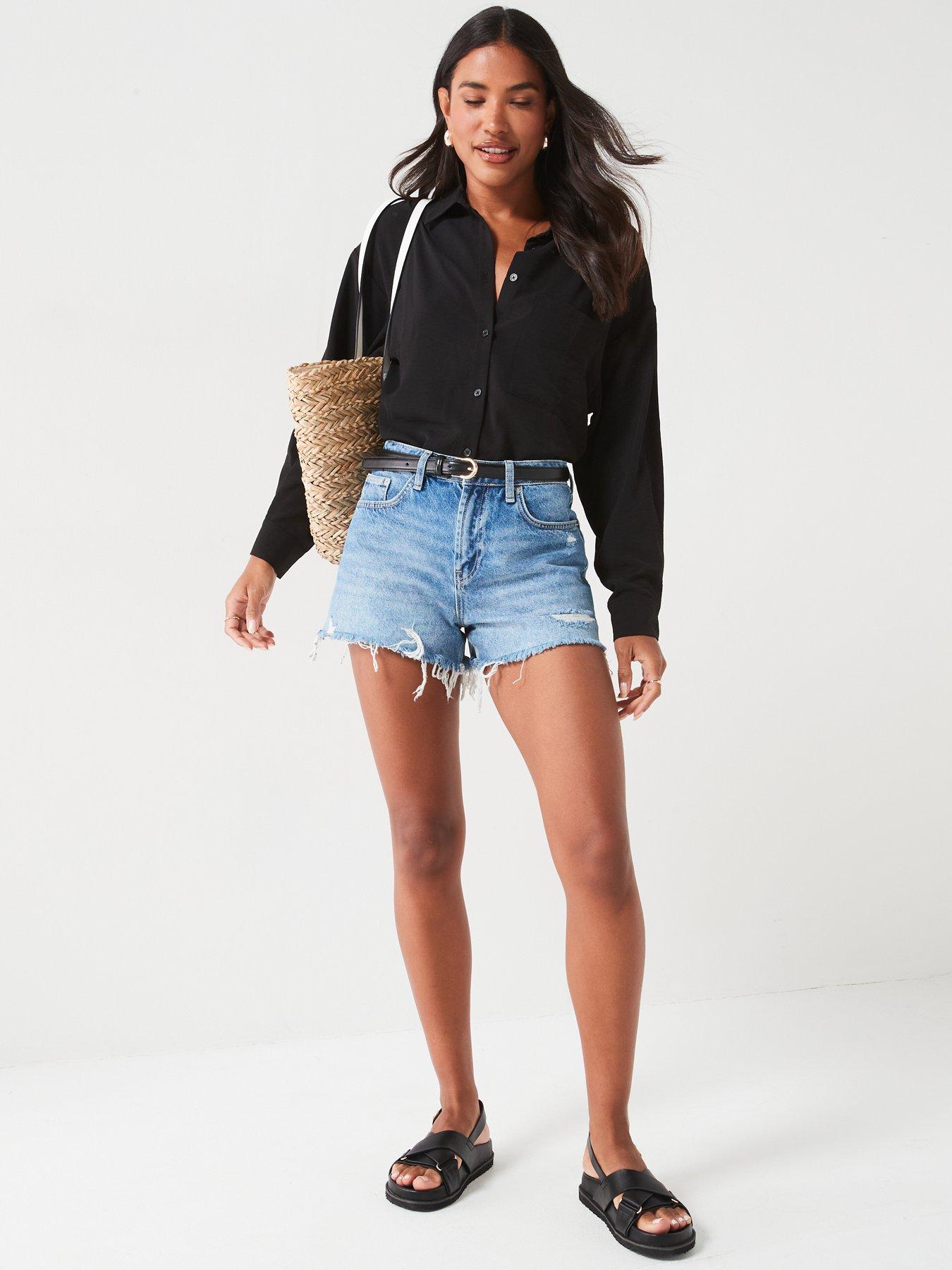 v-by-very-distressed-hem-denim-shorts-mid-washdetail