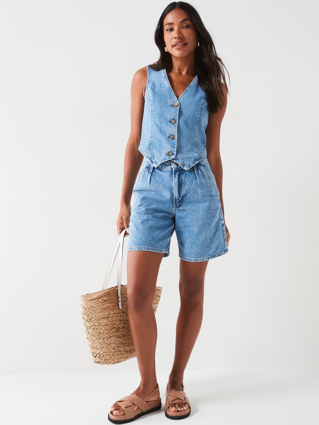 v-by-very-pleatnbspsoft-denim-longline-shorts-mid-washdetail