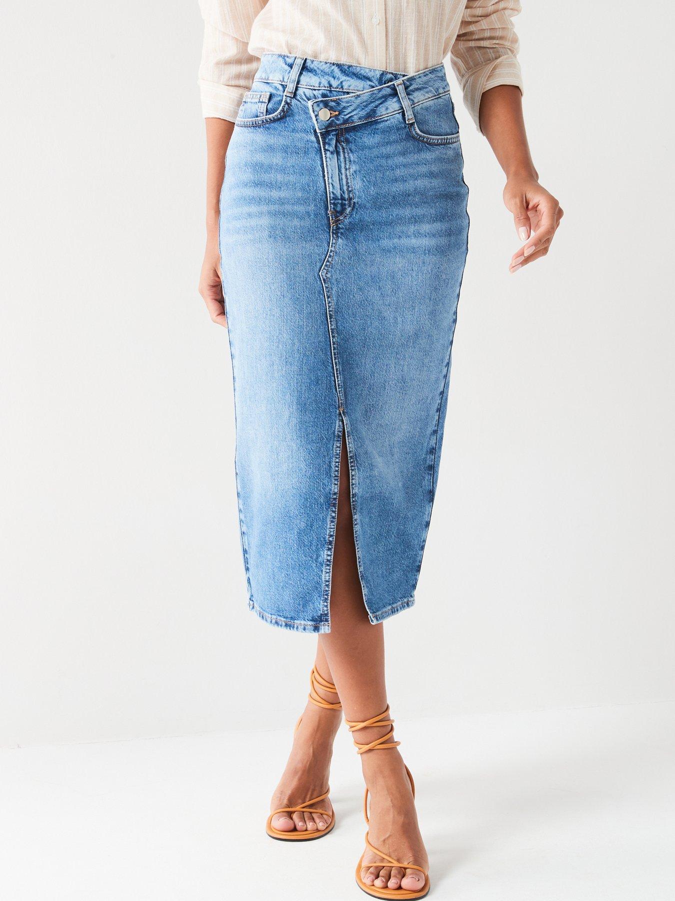 V by Very Wrap Front Denim Midi Skirt Mid Wash Very Ireland